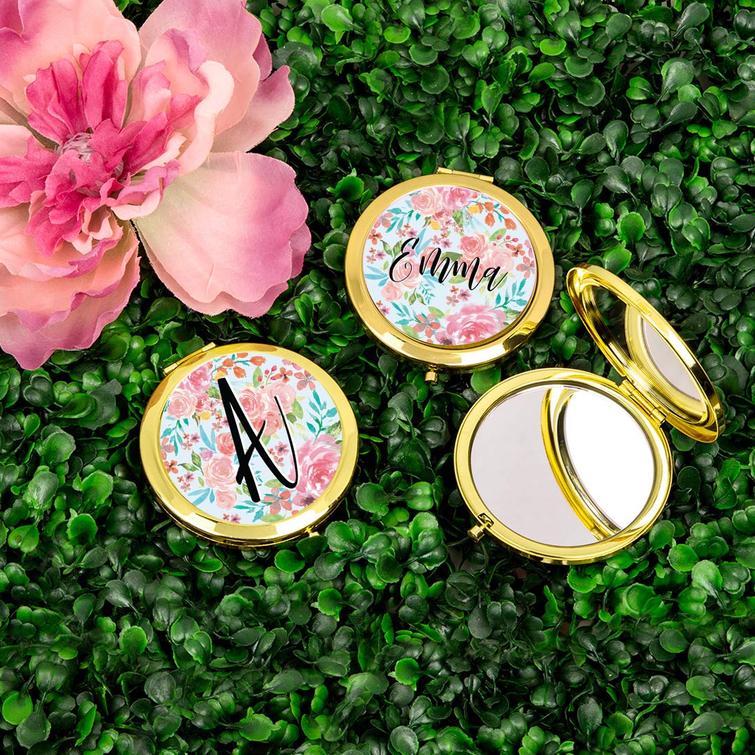 Personalized Monogram Compact Mirror - Gold Letter A with Pink Floral Design - Perfect Bridesmaid Gift for Weddings, Bridal Showers & Bachelorette Parties - Elegant Tea Party Accessory - 1 Pack