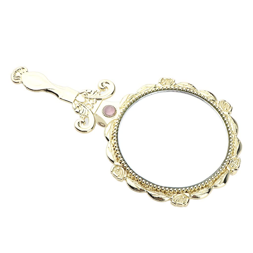 Vintage Round Handheld Makeup Mirror with Handle - Golden Folding Compact Mirror for Vanity, Travel & Purse | Portable Cosmetic Mirror for Women & Girls