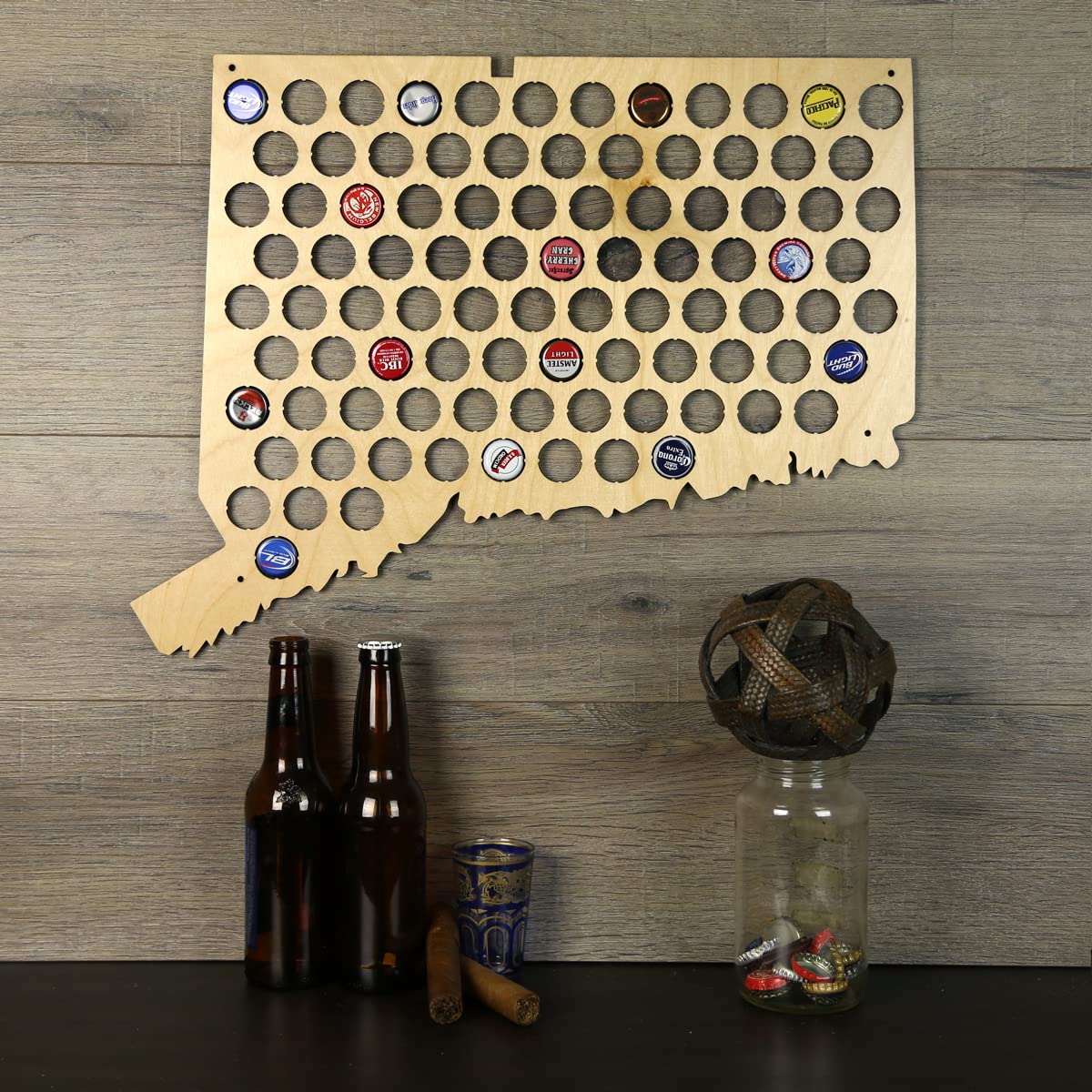 Torched Beer Cap Map - Connecticut USA Beer Cap Holder Wall Decor | Unique Beer Lover Gift for Men | Man Cave & Bar Decor | Perfect for Home Bars, Basement Decor & Beer Enthusiast Collections