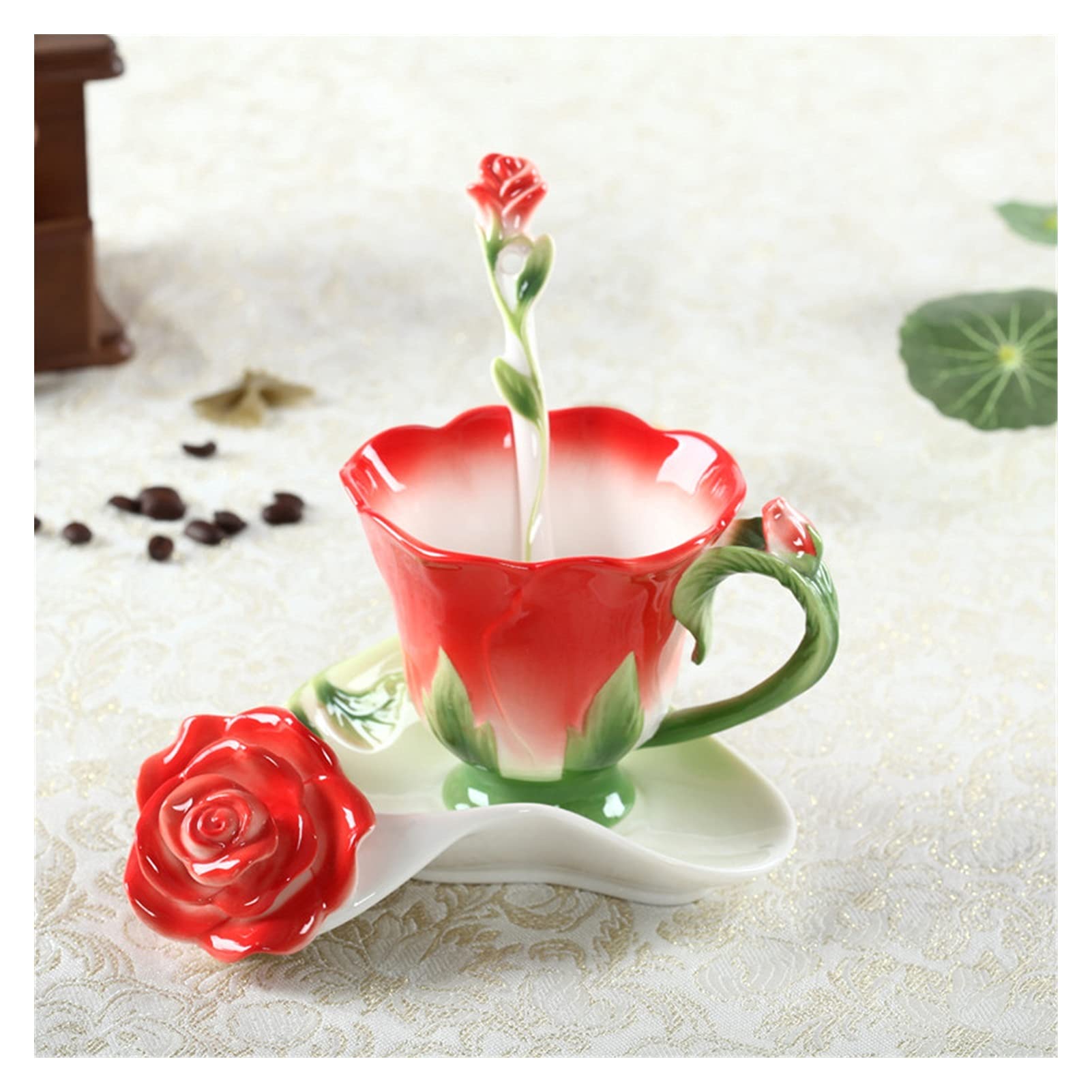 Natural Crystal Rose-Shaped Enamel Ceramic Coffee Tea Cup Set with Saucer & Spoon - Porcelain Water Cup Gift for Home, Office & Gifting (Red)