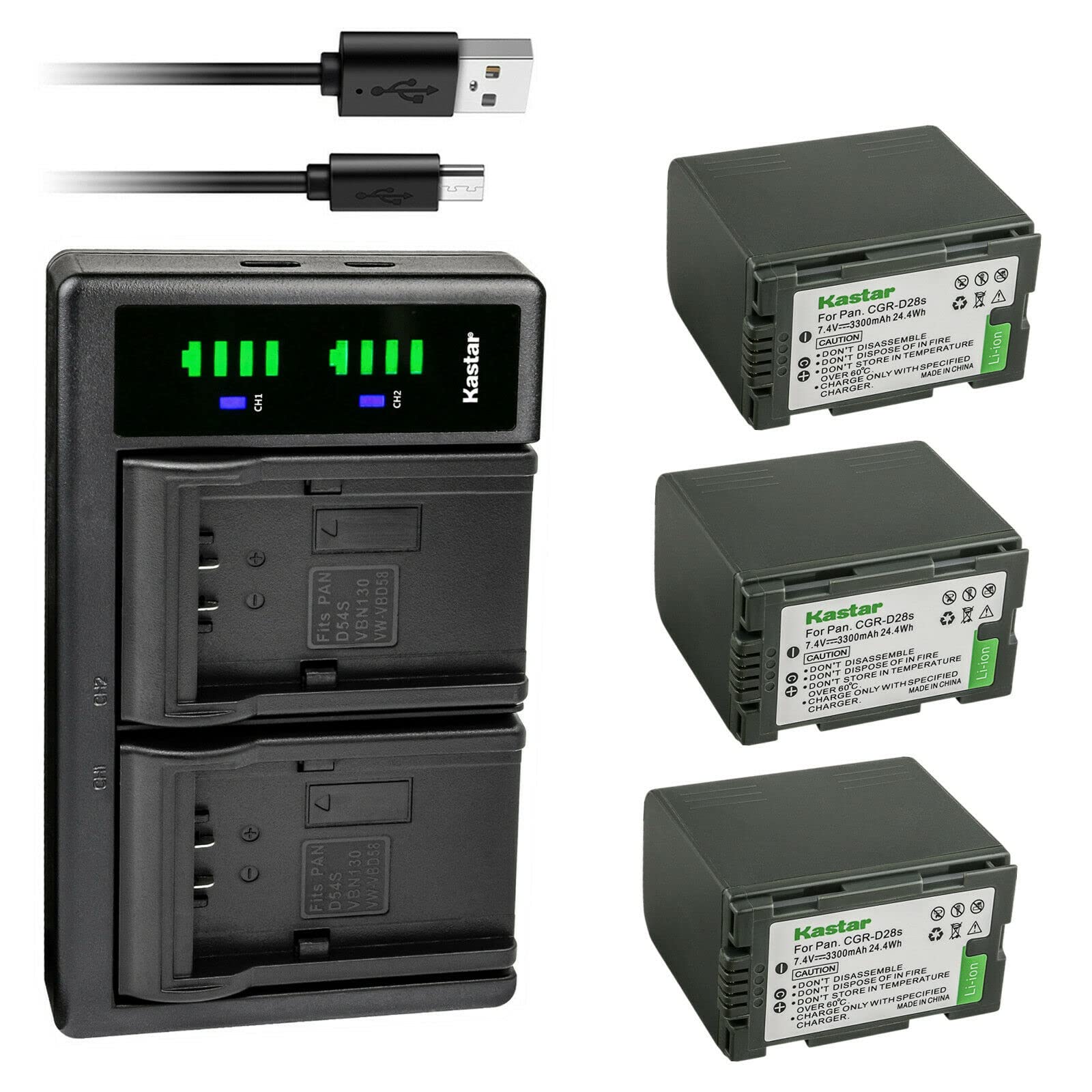 Kastar 3-Pack CGR-D28 Replacement Battery & LTD2 USB Charger for Panasonic AG-DVX102 Series Cameras - Perfect for Filmmaking, Vlogging, and Professional Video Production