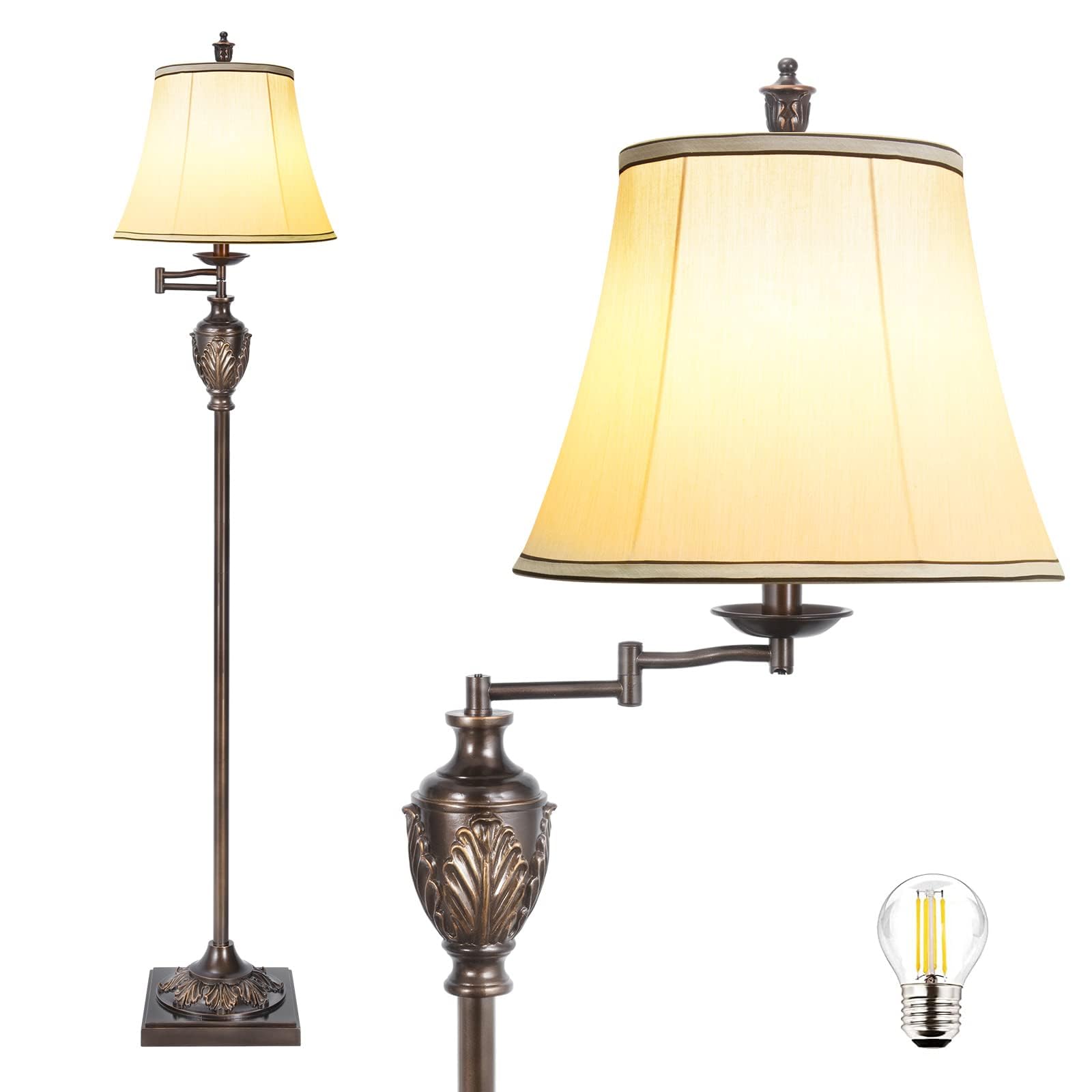 Vintage LED Floor Lamp with 350° Adjustable Swing Arm - Rustic Standing Pole Light for Living Room, Bedroom & Office - Home Decor with Silk Fabric Shade | Perfect for Reading, Working & Creating Cozy Atmosphere