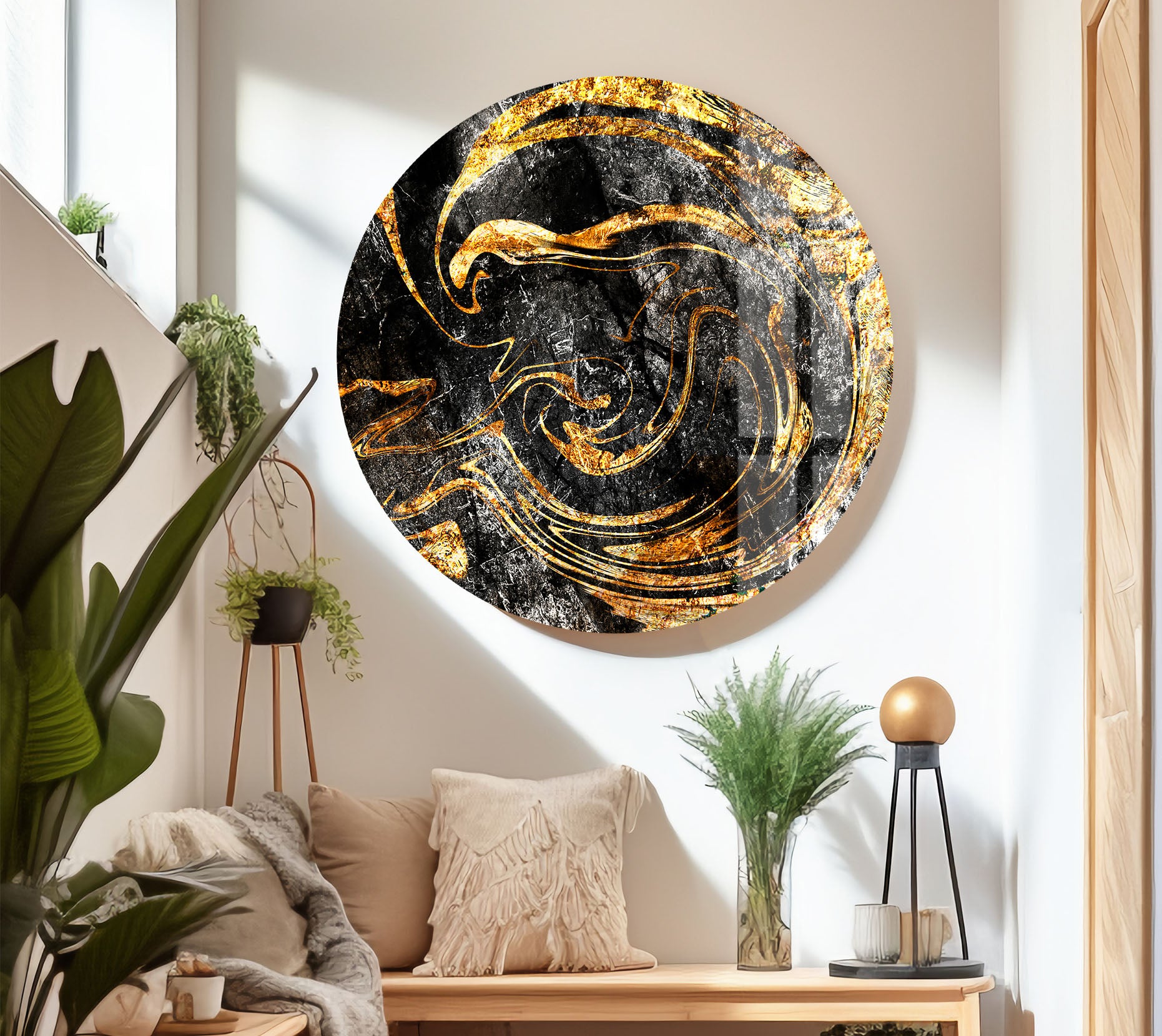 Black Gold Abstract Wall Art - Premium Textured Glass Print with Metallic Swirl Design for Modern Home & Office Decor | Perfect for Living Room, Bedroom or Contemporary Spaces