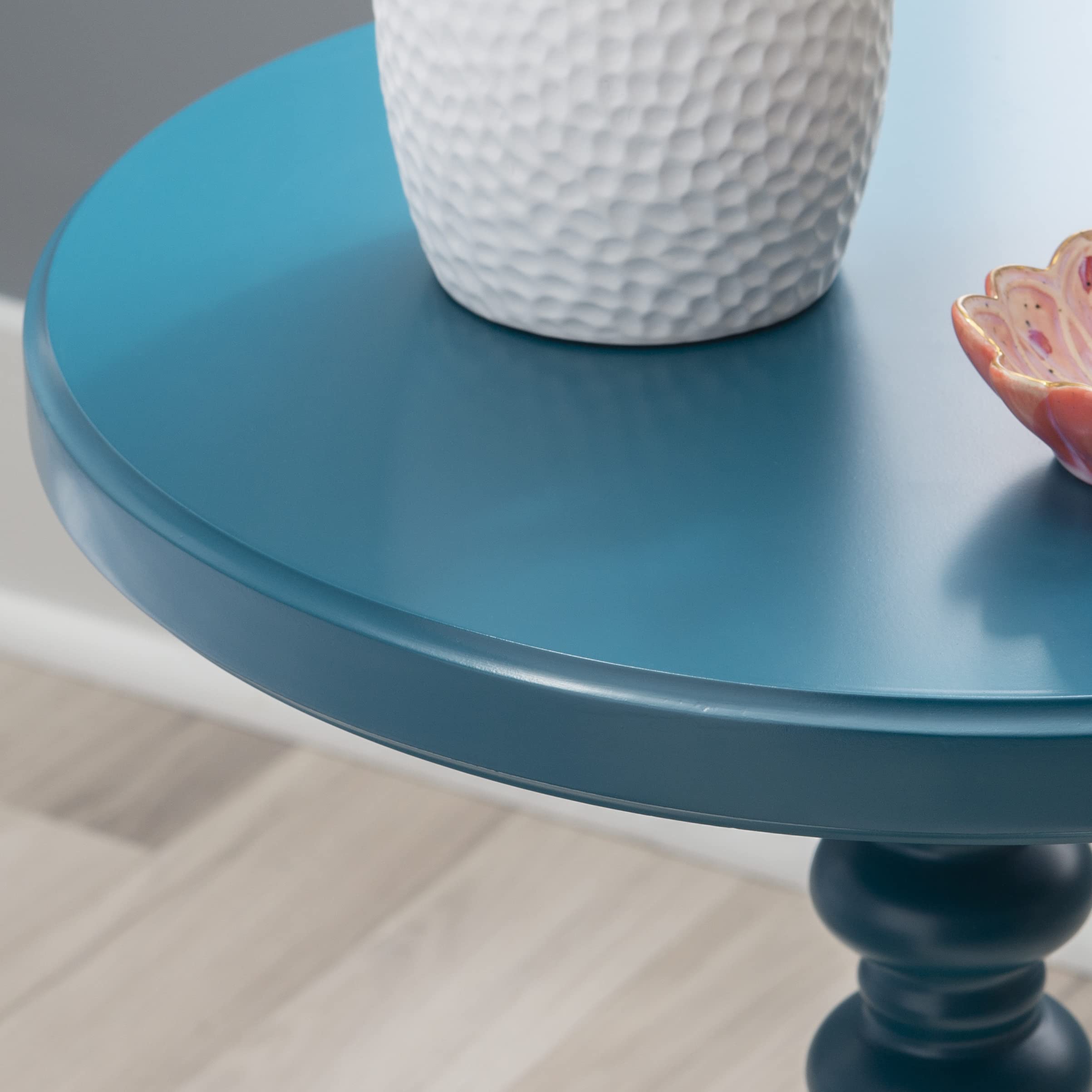 Powell Tarkin Round Teal Turned Spindle Pedestal Side Accent Table - Modern End Table for Living Room, Bedroom, or Entryway - Perfect Small Table for Coffee, Books, and Decor