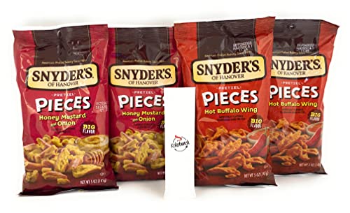 Snyder's of Hanover Pretzel Pieces Variety Pack - Honey Mustard, Onion Sourdough & Hot Buffalo Wing Flavors | 5oz Bags (2 Each) | Crunchy Snacks for Parties, Game Nights & Office Breakroom Treats | Kokobunch Kit Included