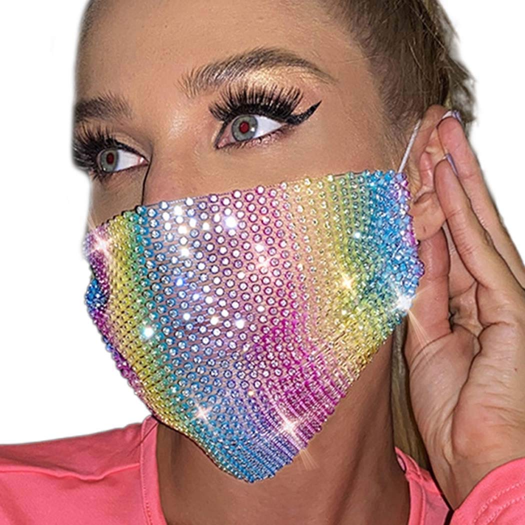 Sparkling Rhinestone Mesh Face Mask - Breathable Crystal Party Mask with Purple & Rainbow Stones for Women & Girls | Reusable Glam Mask for Nightclub, Rave, Costume & Special Events