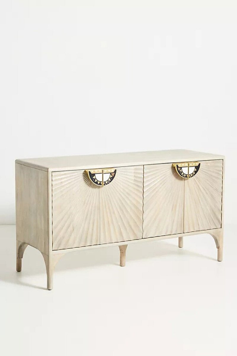 Hand Carved Daybreak Sideboard - Solid Wood Buffet Table in Modern Gray Finish | Perfect for Dining Room Storage, Living Room Display & Entryway Organization