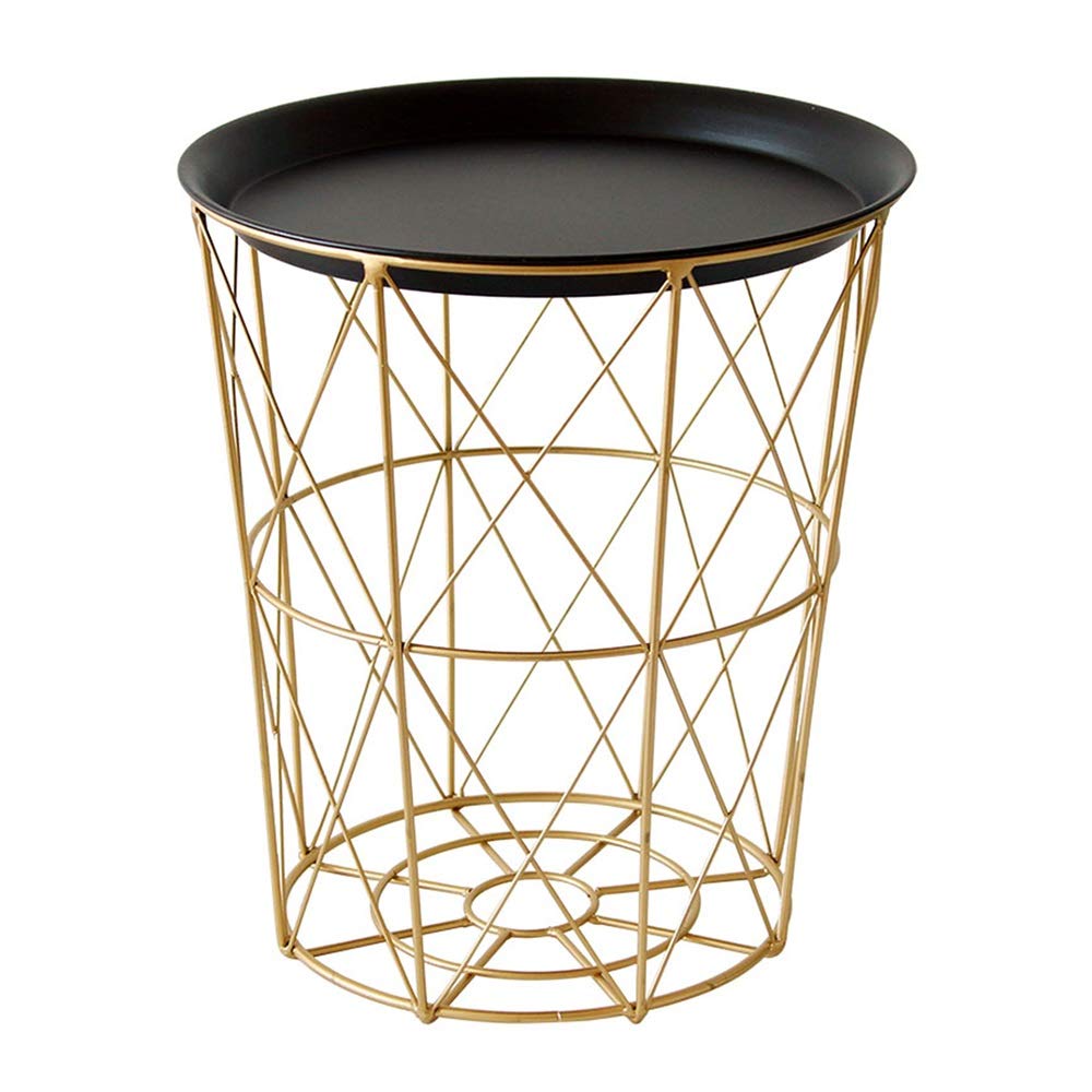 HANSHAN Rustproof Metal Side Table - 16×17 Inch Round Coffee Table with Storage Basket & Lid, Gold Finish - Perfect for Living Room, Patio, or Bedroom as Snack Table, End Table, or Nightstand