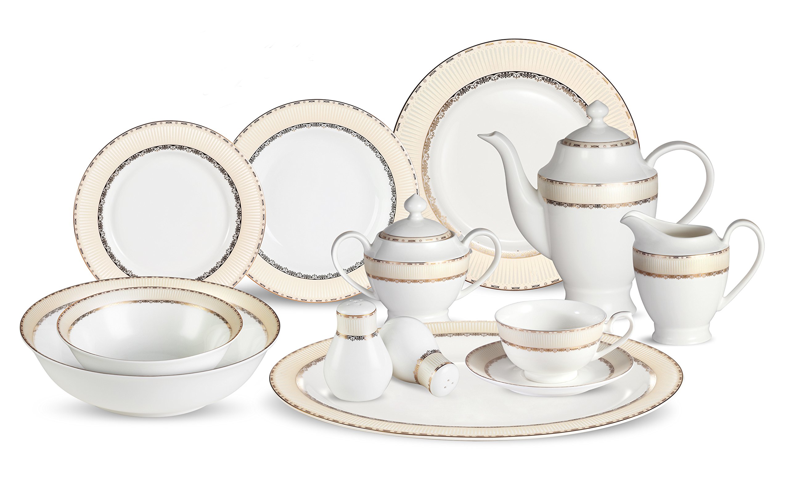 Lorenzo 57-Piece Elegant Bone China Dinnerware Set for 8, Gold Trimmed Margaret Collection - Perfect for Formal Dining, Wedding Gifts & Special Occasions