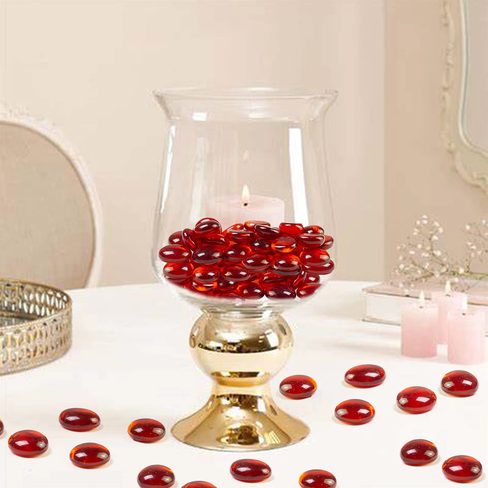 HappyFiller 5 LB Ruby Red Glass Gems - Flat Marbles for Vase Fillers, Floral Arrangements, Aquarium Decor, Garden Landscaping, Mosaic Crafts, Fire Glass Beads - Perfect for Thanksgiving, Christmas, Fall & Home Decor