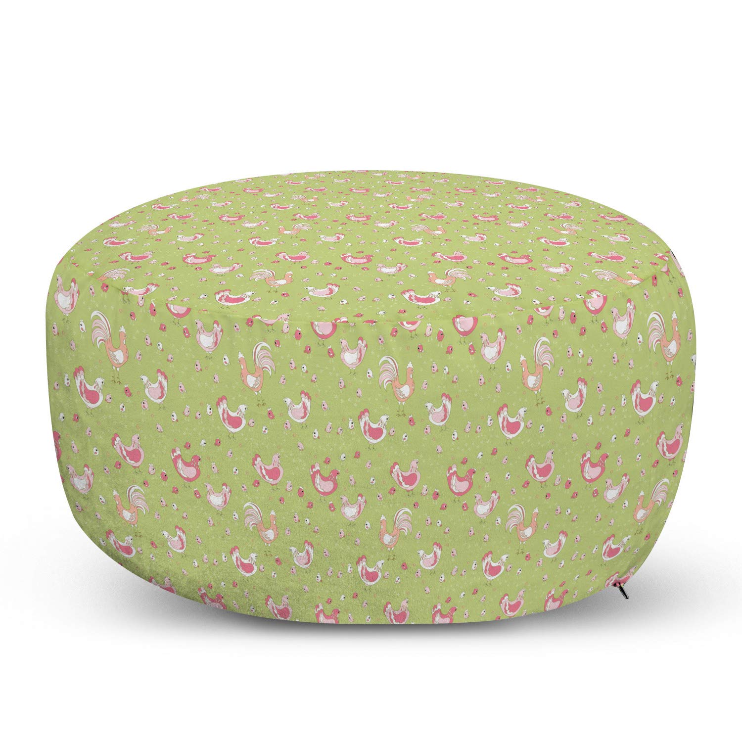 Ambesonne Hen and Chicks Ottoman Pouf - Cartoon Chicken Rooster Pattern Foot Rest with Removable Cover - Soft Decorative Pouf for Living Room, Bedroom - Green & Pink - Perfect for Home Decor, Relaxing & Extra Seating