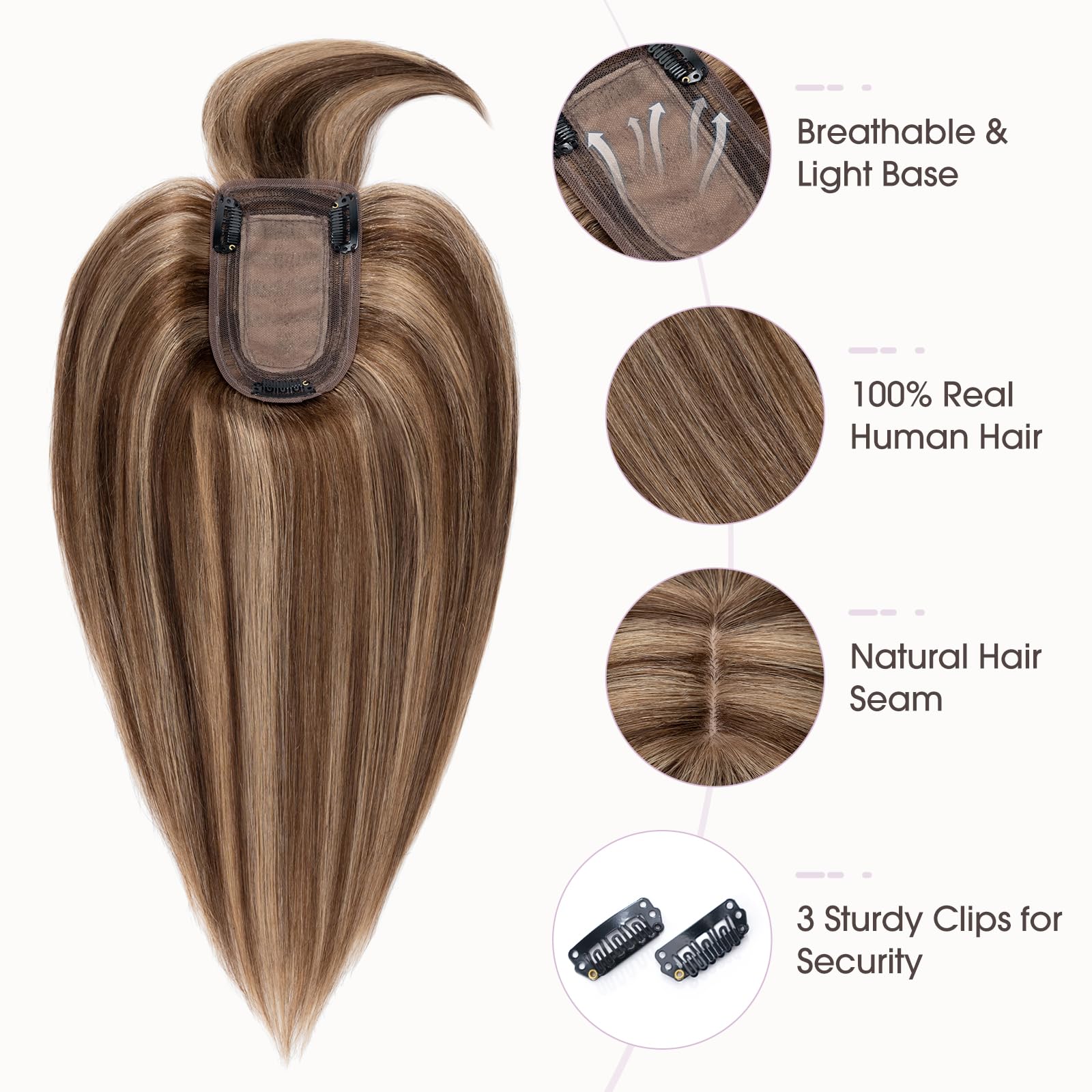 Premium Human Hair Toppers with Bangs for Women - 100% Real Remy Hair Clip-in Hairpiece, 2.8