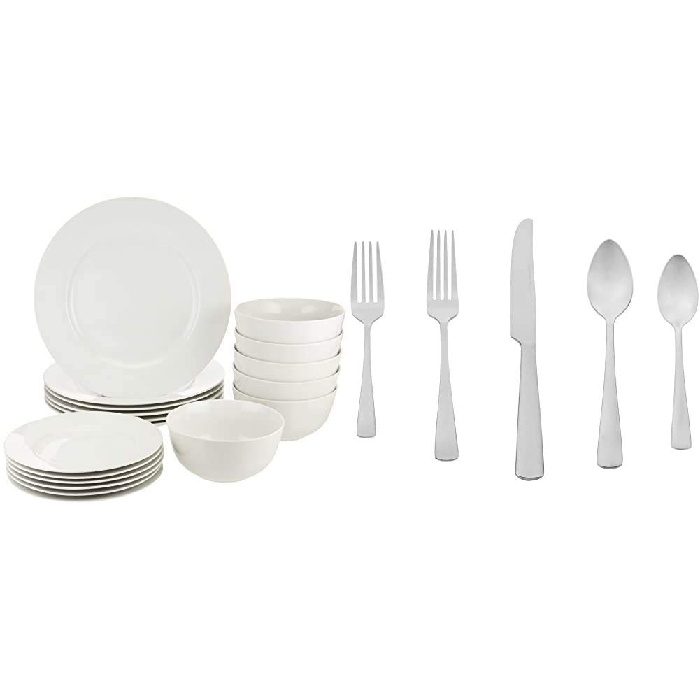 Amazon Basics 18-Piece Dinnerware Set - 6 Plates, 6 Bowls, 6 Dishes for Complete Table Setting (Service for 6, White) | Perfect for Family Dinners, Parties & Everyday Use    Amazon Basics 20-Piece Stainless Steel Flatware Set - 5-Piece Place Settings for 4 (Knives, Forks, Spoons) | Ideal for Restaurants, Catering & Home Dining
