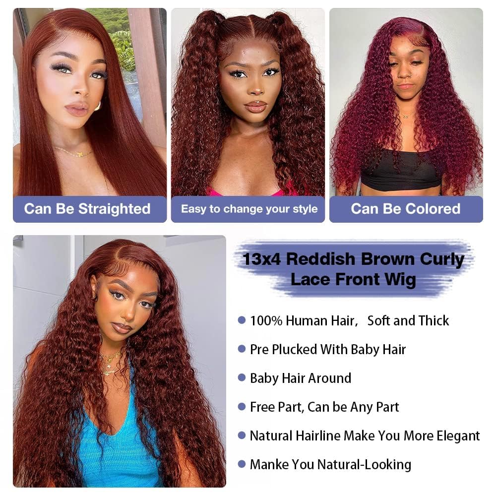 13x4 Reddish Brown Lace Front Human Hair Wig - Auburn Deep Wave Curly Wig for Women with Baby Hair | 180% Density 22 Inch Copper Red Colored Human Hair | Perfect for Daily Wear, Cosplay, and Special Occasions