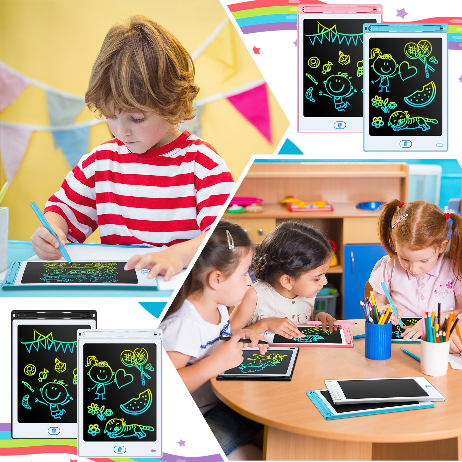 Tinlade 12 Pack LCD Writing Tablets 8.5 Inch - Colorful Erasable Electronic Drawing Pads for Kids, Doodle Boards for Learning & Creativity (Pink, Blue, White, Black) - Perfect for Classroom, Home Schooling & Travel Activities