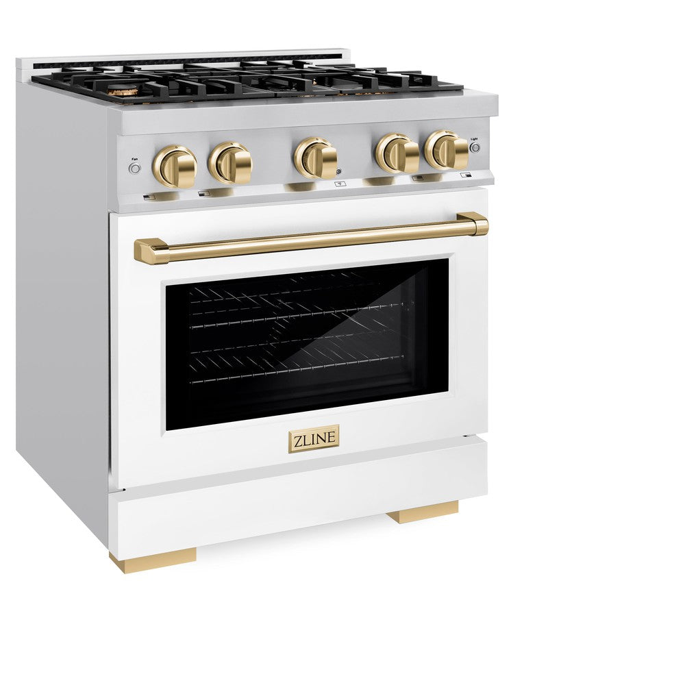 ZLINE Autograph Edition 30-inch 4.2 cu.ft Dual Fuel Range - Stainless Steel Gas Cooktop with 4 Burners & Electric Convection Oven - White Matte Door & Polished Gold Accents (HDRZ WM 30 G) - Perfect for Modern Kitchens & Professional Chefs