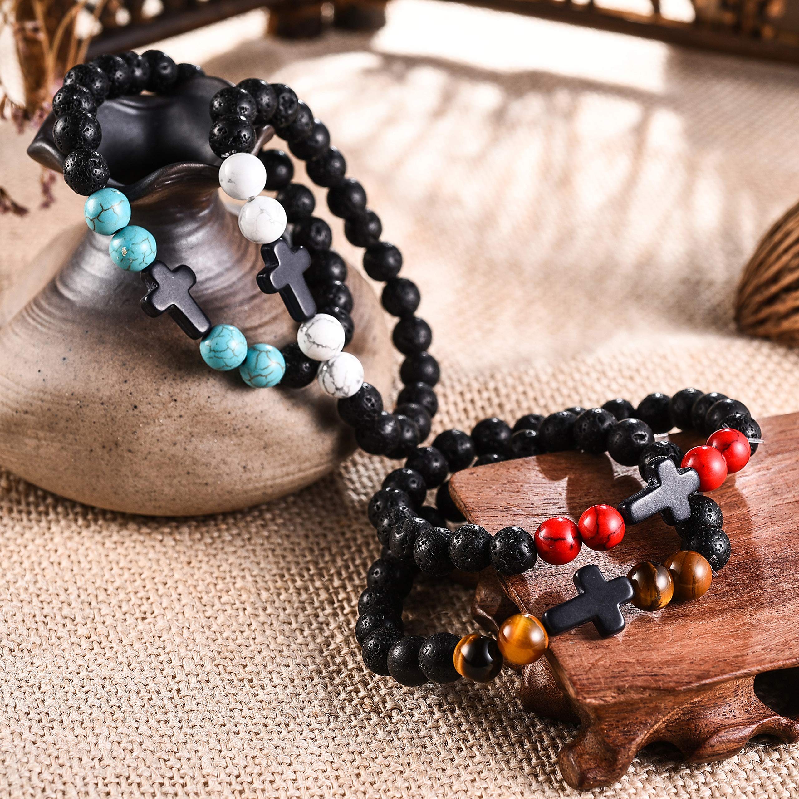 4PCS Cross Beads Stretch Bracelets for Men & Women - 8mm Healing Lava Stone Beaded Bracelet Set (7.5