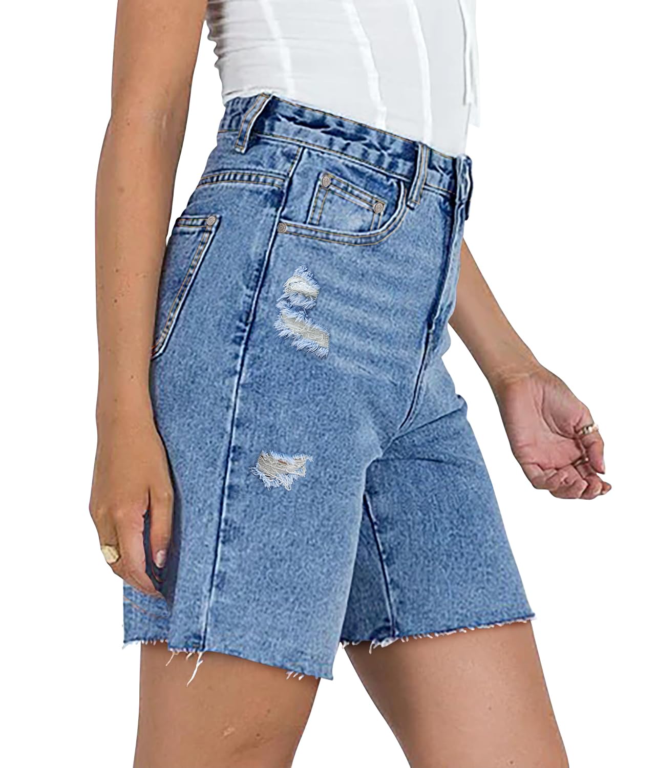 CHICZONE Women's Bermuda Jean Shorts - Stretchy Mid Waist Denim Shorts with Pockets | Comfortable Casual Summer Wear for Beach, Shopping & Outdoor Activities