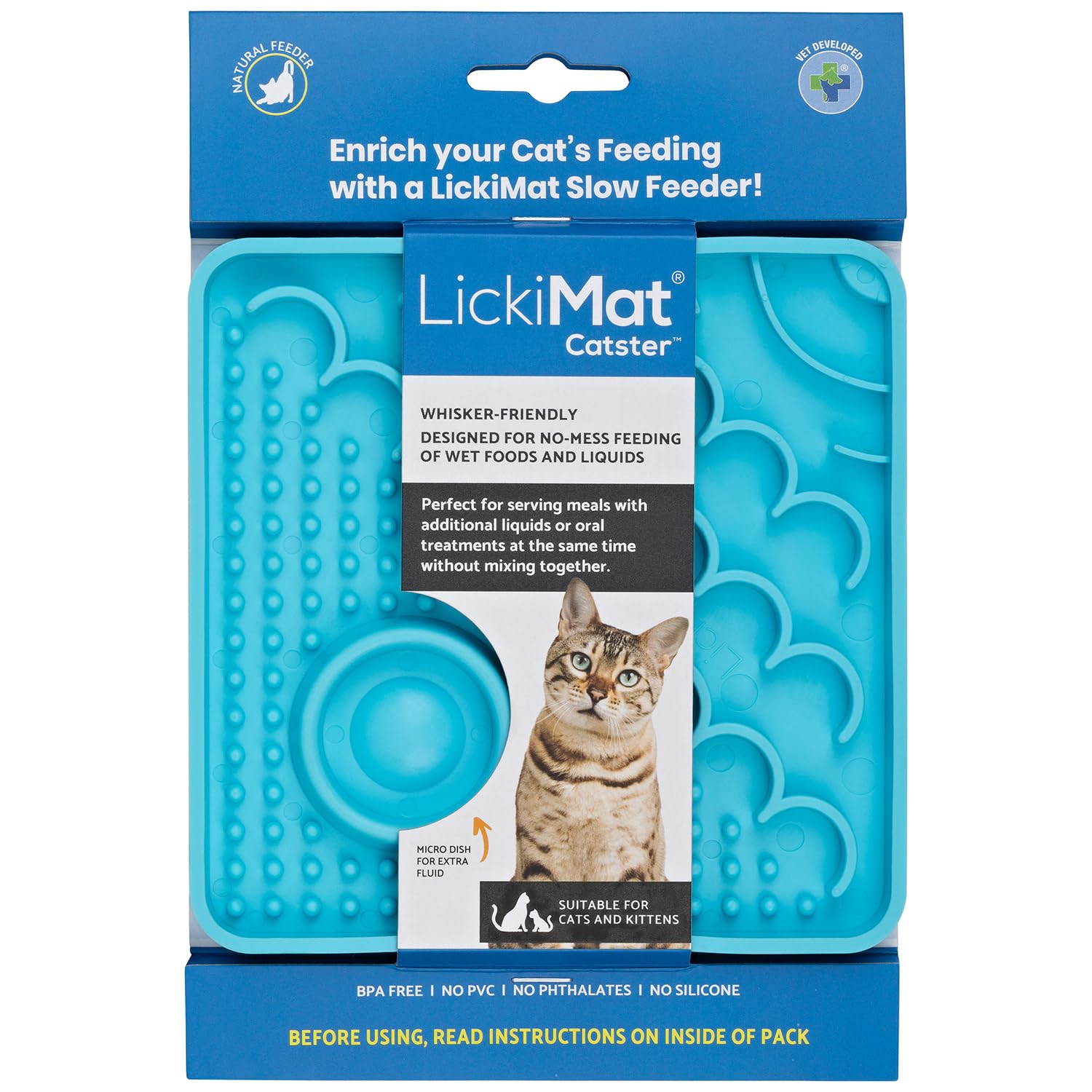 LickiMat Catster Slow Feeder with Micro Dish - Interactive Puzzle Feeder for Cats & Kittens, Promotes Hydration & Healthy Eating - Turquoise Pet Bowl for Indoor Cats, Multi-Cat Homes & Stress Relief
