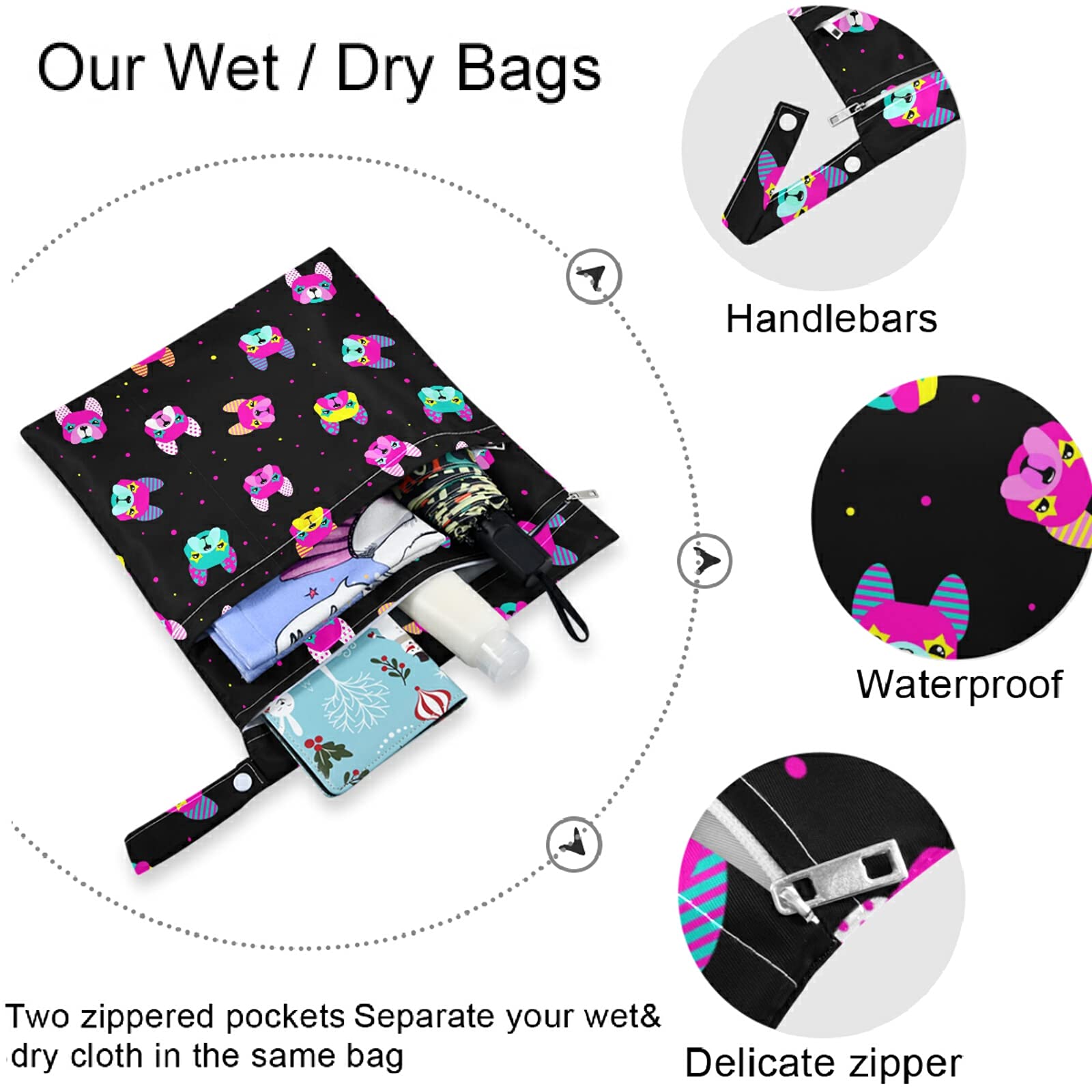 Colorful Bulldog Print 2-Piece Wet Bag Set with Zippered Pockets - Washable & Reusable Diaper Bag for Travel, Beach, Daycare | Perfect for Strollers, Gym Clothes, Swimsuits & Toiletries Organization