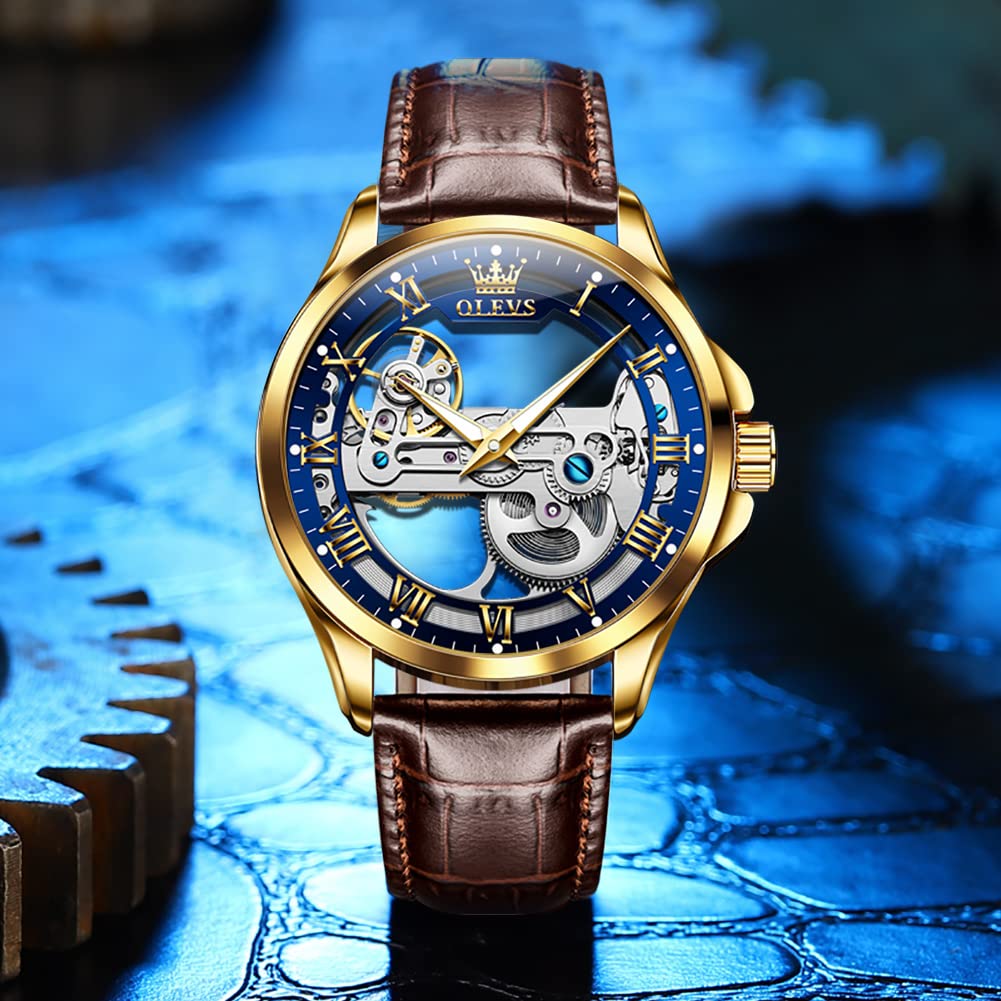 OLEVS Men's Automatic Skeleton Watch - Self-Winding Mechanical Dress Watch with Genuine Leather Strap, Waterproof & Luminous - Luxury Wristwatch for Business, Formal Events & Everyday Wear
