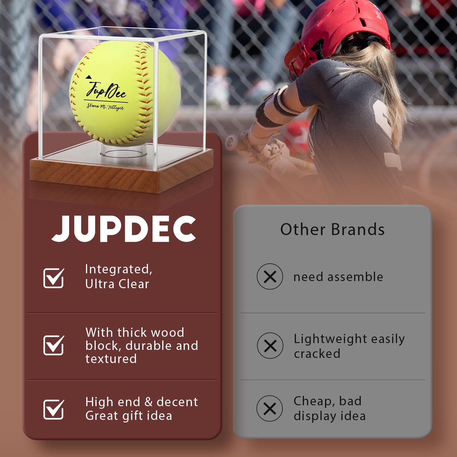 JupDec Clear Acrylic Softball Display Case with Wood Base - UV Protected Championship Ball Holder for Sports Memorabilia Collections - Perfect for Trophy Rooms, Man Caves, and Baseball Fan Gifts