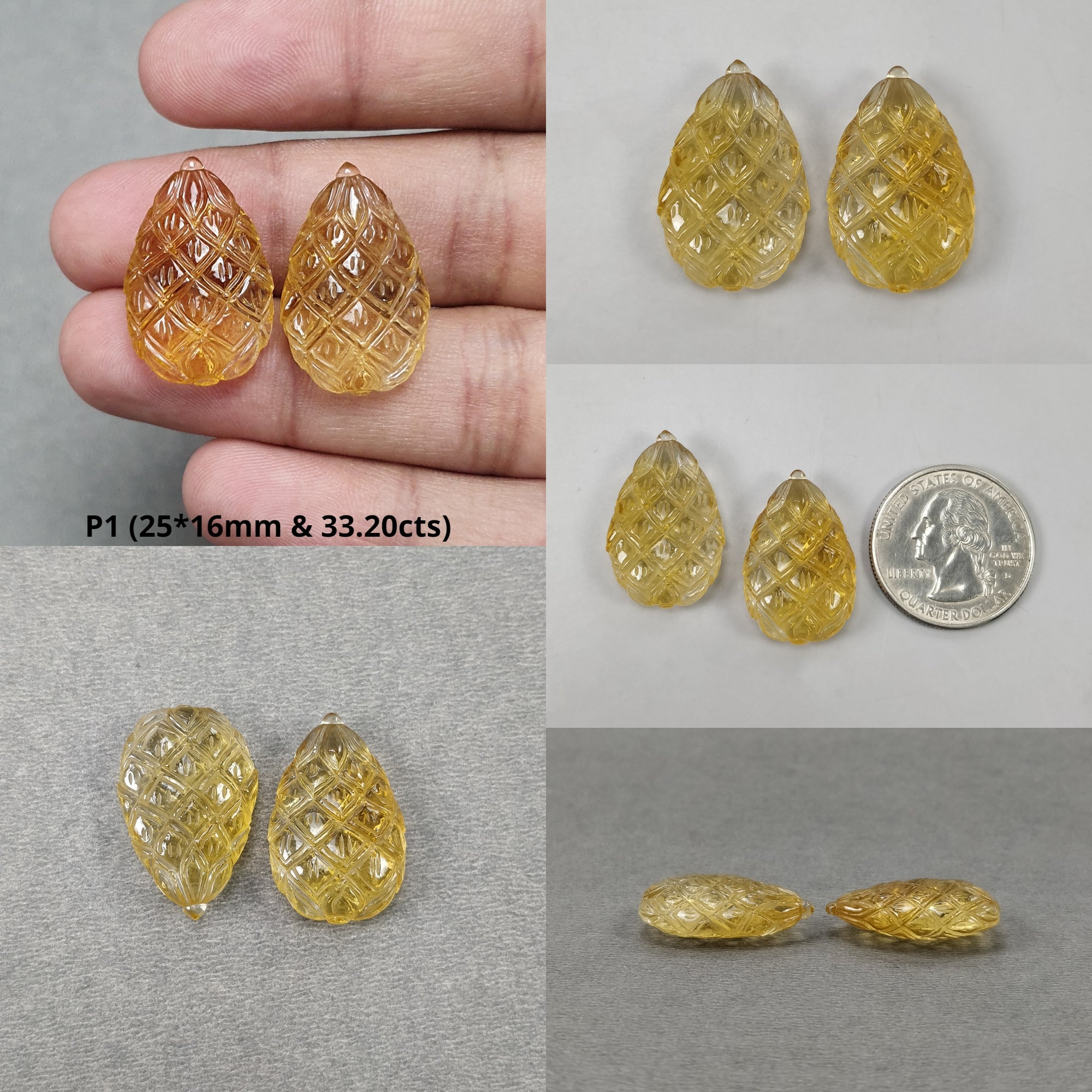 Natural Untreated Yellow Citrine Gemstone Carving - Hand Carved Pear & Triangle Shape Pairs for Earrings | Jewelry Making, DIY Crafts, Gift for Her