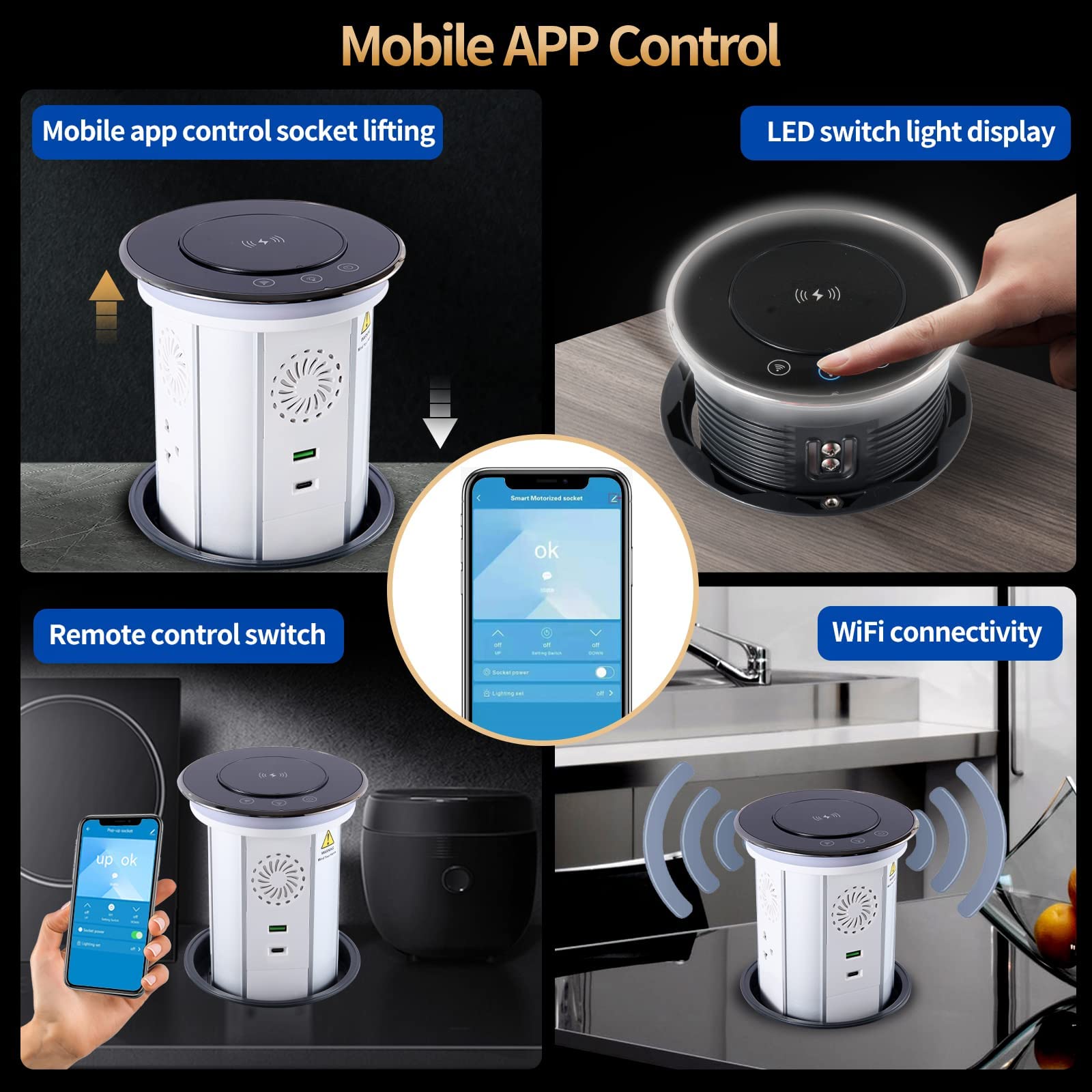 Smart Pop-Up Outlet for Countertop - 15W Wireless Charger, 20W PD, 3 AC Outlets & 2 USB Ports with Mobile APP Control - Perfect for Home Office, Kitchen & Dorm Room