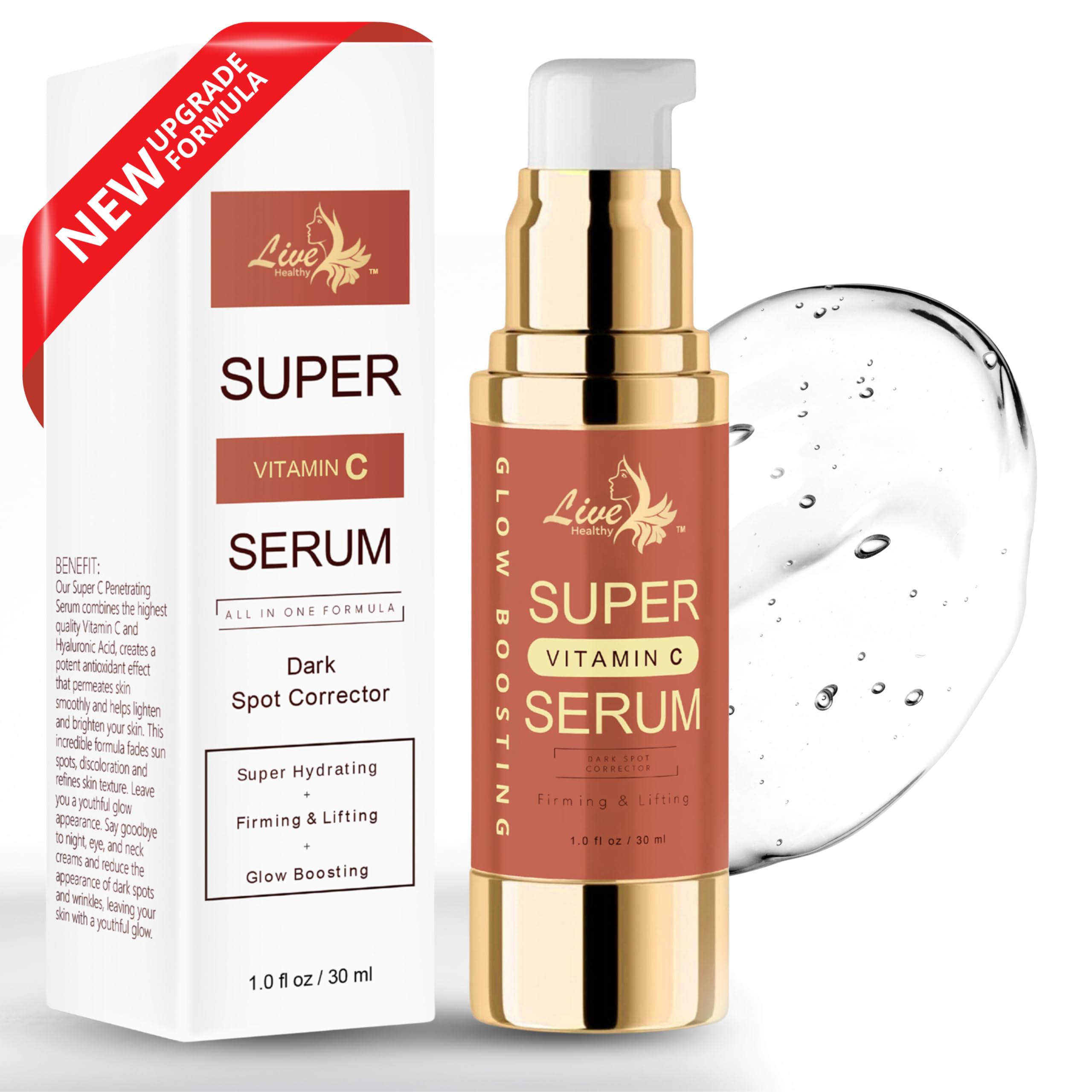 Live Healthy Super Vitamin C Serum for Mature Skin - Anti-Aging Serum with Vitamin C, Peptides & Vitamin E - Reduces Wrinkles & Age Spots, Lifts & Firms Skin - Made in USA (1 fl oz) | Perfect for Nighttime Skincare Routine & Daily Anti-Wrinkle Treatment