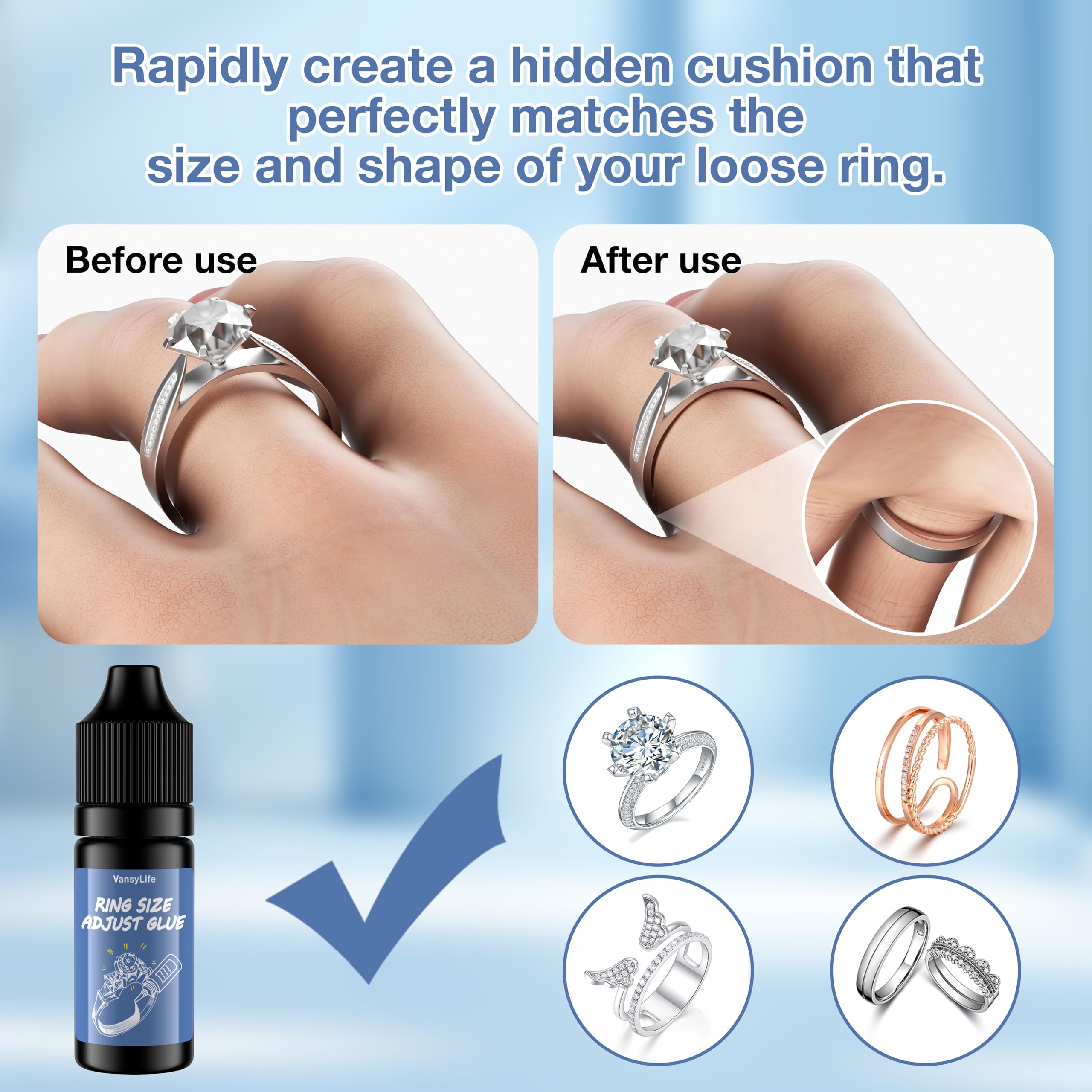 Invisible Ring Size Adjuster for Loose Rings - UV Light Ring Adjuster Glue for Women & Men | Easy Application & Removal | Perfect for Engagement Rings, Wedding Bands & Fashion Jewelry | Comfortable Fit Solution for Oversized Rings