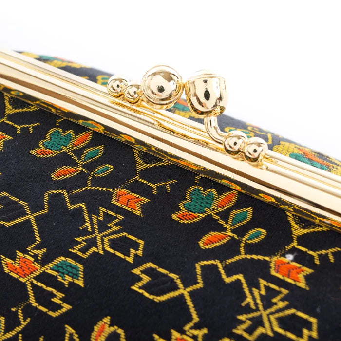 Nishijin Woven Small Pouch - Floral Fruit Tree Design in Black | Handmade in Kyoto Japan | Cosmetic Makeup Bag, Japanese Gamaguchi Pouch | Perfect for Travel Toiletry, Stationery & Bag Organization (Ideal for Daily Use, Gift Giving & Japanese Culture Enthusiasts)