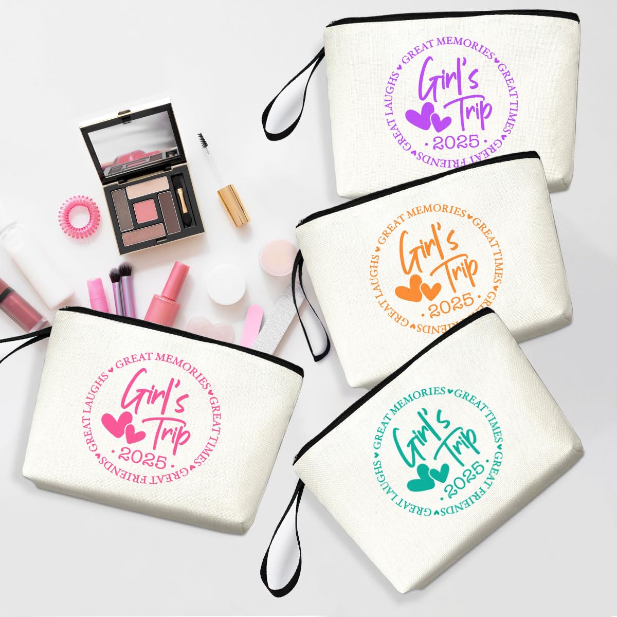 4Pcs Girls Weekend Travel Makeup Bags - Cute Cosmetic Zipper Pouches for Women, Bridesmaids & Bachelorette Parties | Perfect Friendship Gifts, Wedding Favors & Vacation Essentials (2025 Collection) - Ideal for Beach Trips, Spa Days & Girls Getaways