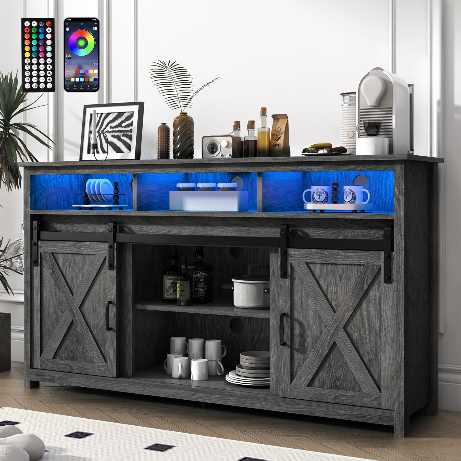 Farmhouse Coffee Bar Cabinet with Power Outlet - Rustic Sideboard Buffet Storage Cabinet with Shelves - Wooden Serving Table Cupboard for Dining Room & Living Room - Wash Grey Finish - Perfect for Coffee Stations, Home Bars & Kitchen Storage Organization