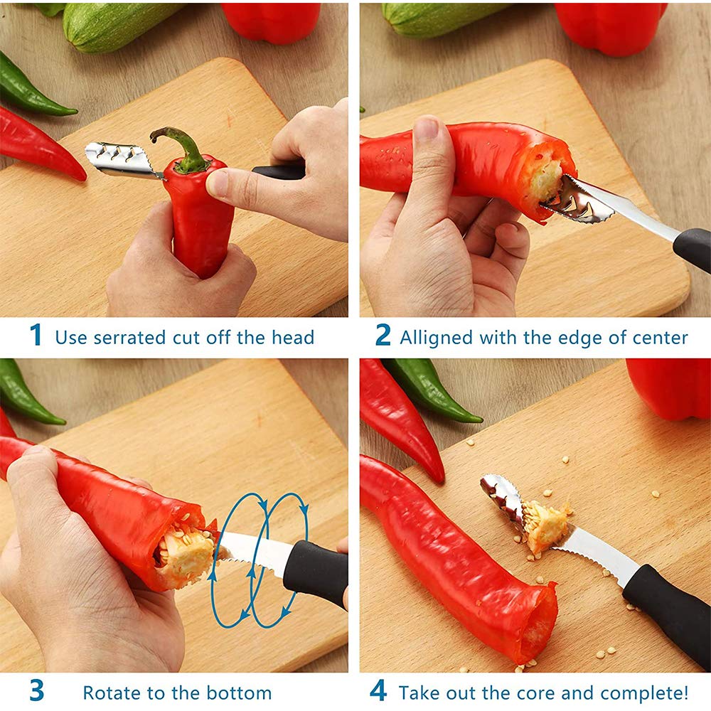 4-Piece Stainless Steel Pepper Corer Set - Serrated Zucchini, Cucumber, Chili & Jalapeno Deseeder with Non-Slip Rubber Handle - Professional Kitchen Tools for Cooking, Meal Prep & Healthy Eating