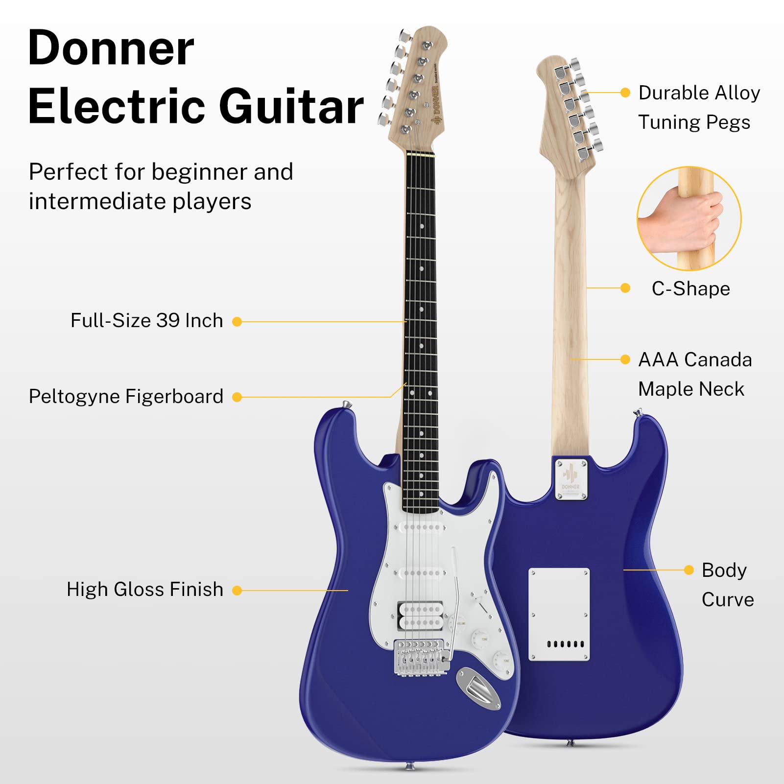 Donner DST-100L Full Size Electric Guitar with DS-1 Adjustable Guitar Stand - Perfect for Beginners, Practice, Live Performances & Home Studio Recording