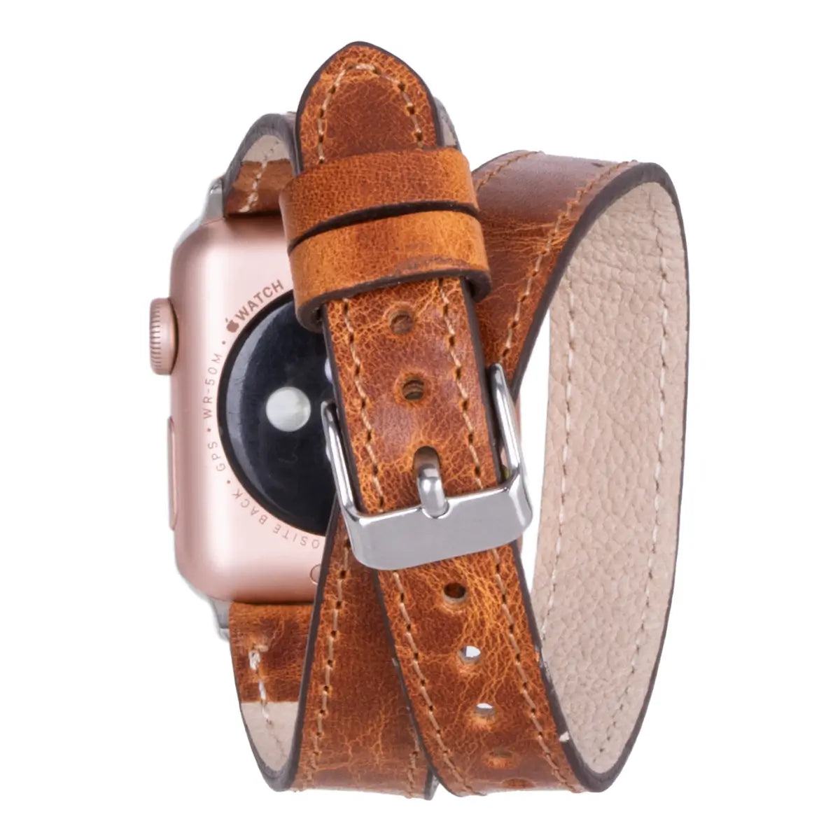 Premium Camel Brown Genuine Leather Double Tour Slim Strap for Apple Watch - Stylish & Comfortable for Everyday Wear, Workouts & Formal Occasions
