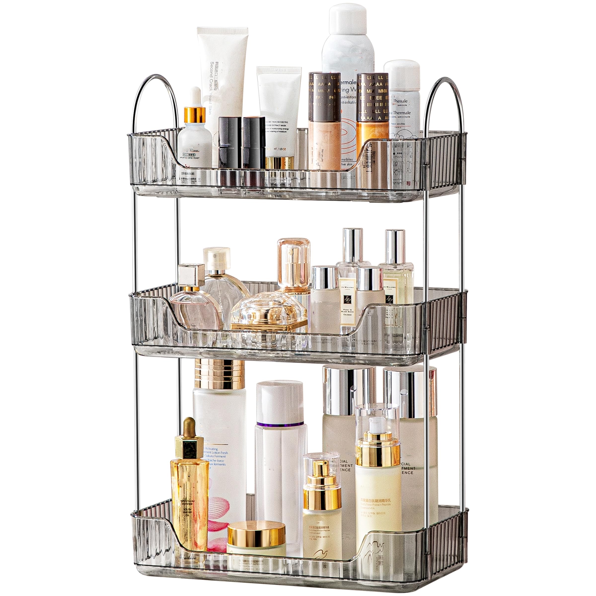 3-Tier Grey Bathroom Organizer Countertop Tray for Cosmetics, Skincare, Makeup & Toiletries - Vanity Organizer for Lotions, Perfumes & Beauty Essentials - Perfect for Bathroom Counter, Dresser & Bedroom Decor