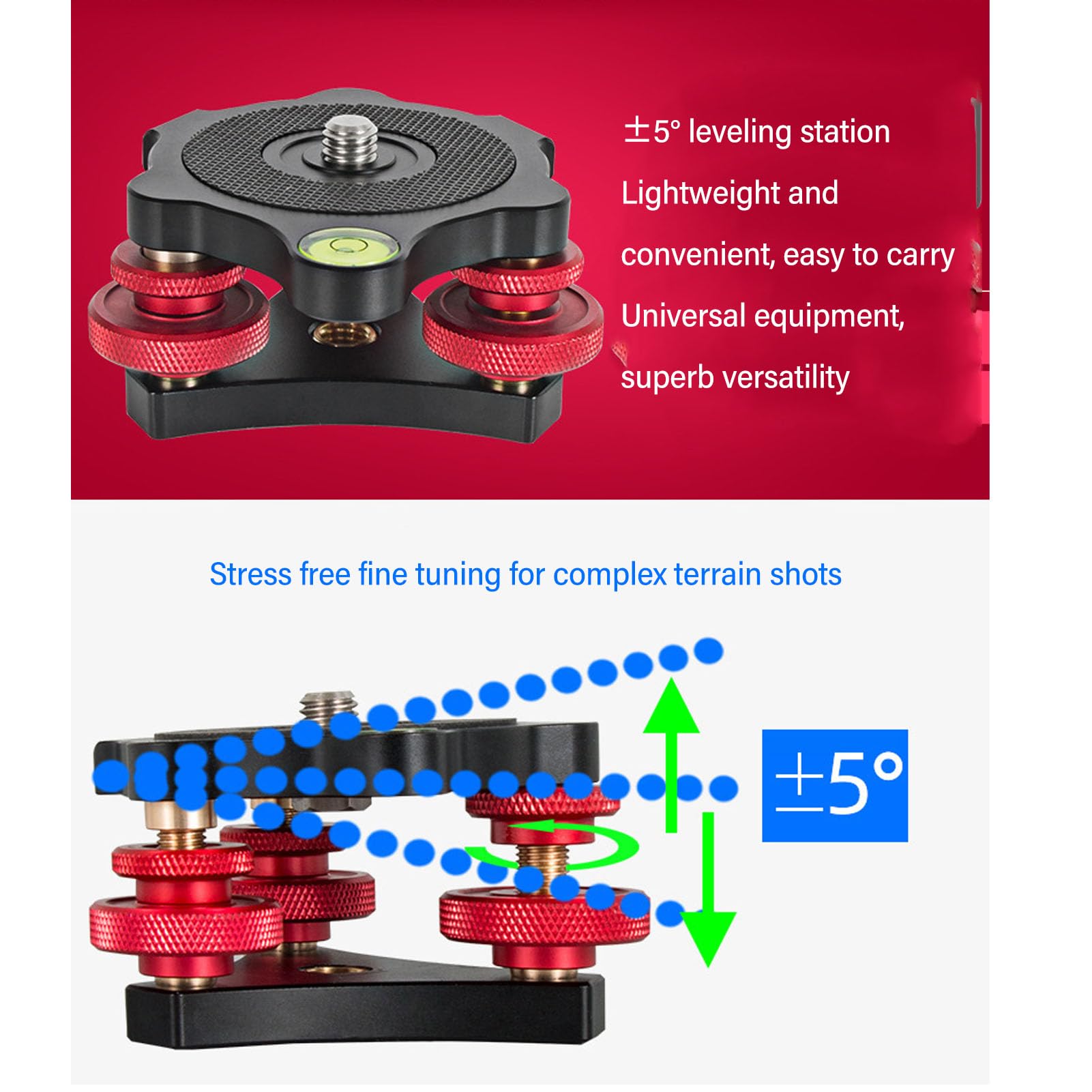 Aluminum Tripod Head Leveling Base - 3 Axis Triple Wheel Leveler Stand with 3/8