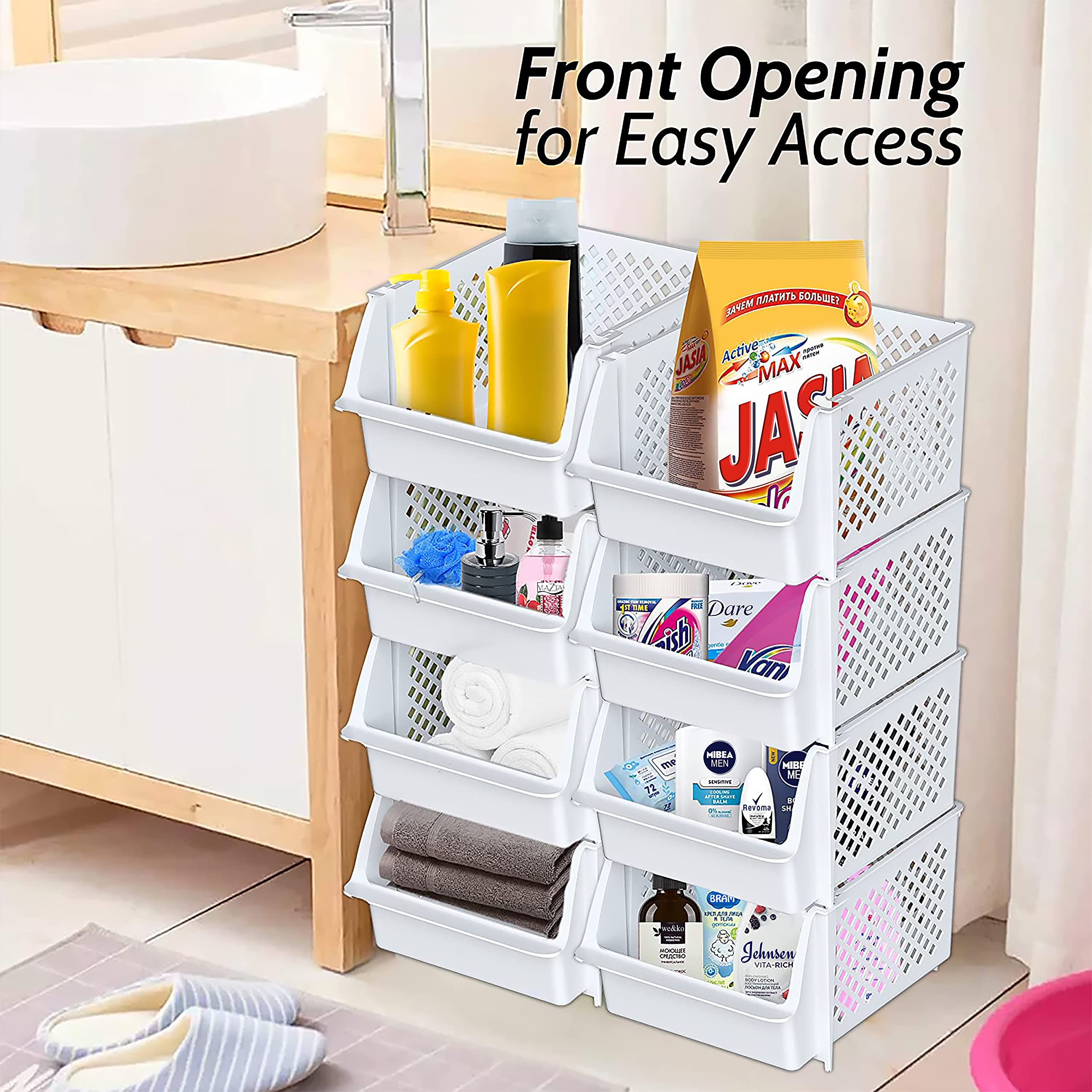 Skywin TidyFriend 12-Pack White Plastic Stackable Storage Bins - Organize Pantry, Kitchen & Bathroom Essentials - Space-Saving Storage Containers for Food, Spices & Toiletries | Perfect for Home, Office & Dorm Organization