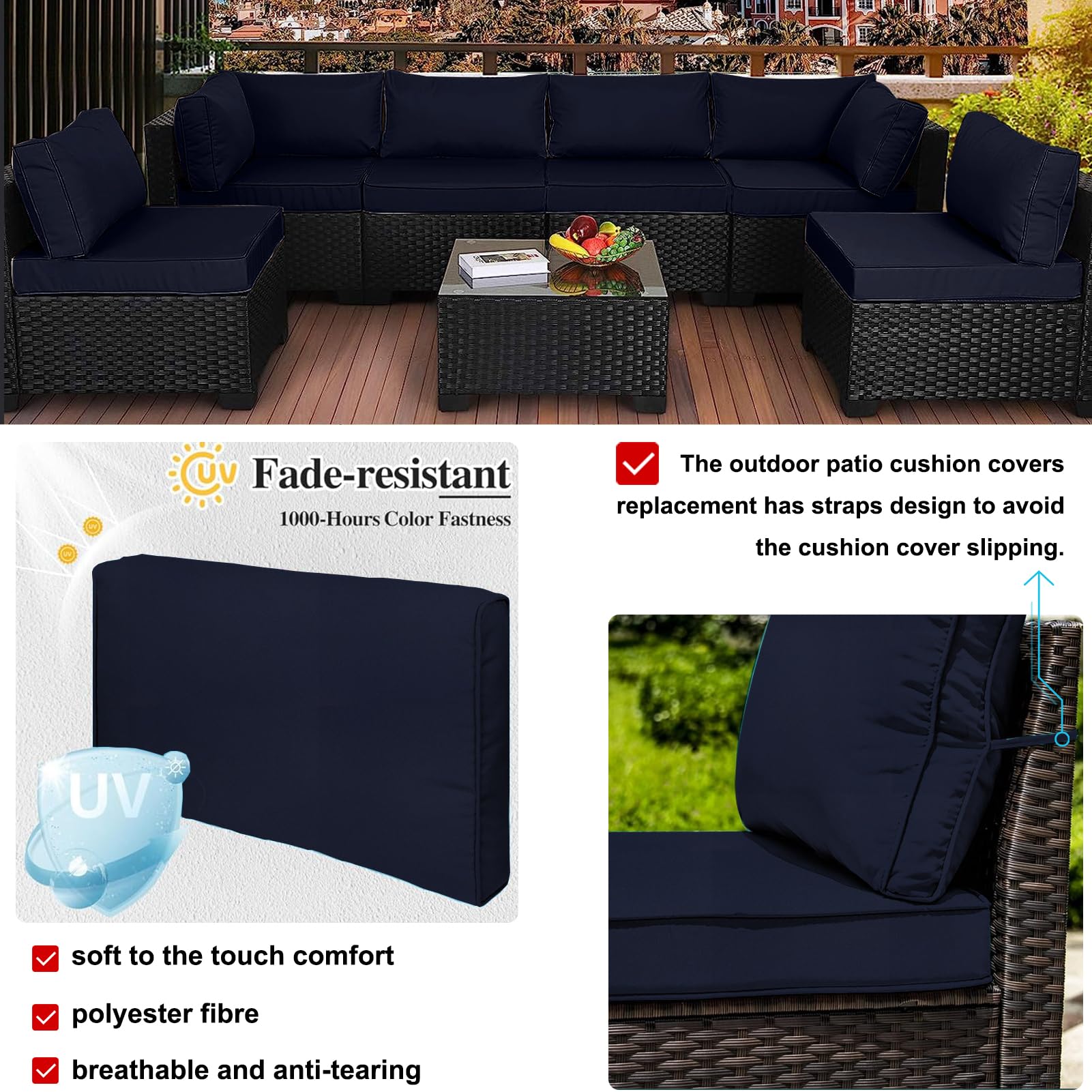 Waterproof Outdoor Patio Cushion Covers with Zipper - Replacement Slipcovers for Wicker Rattan Sectional Couch & Chair (Set of 4, Dark Blue, Small Size) - Perfect for Garden, Poolside & Patio Furniture Protection