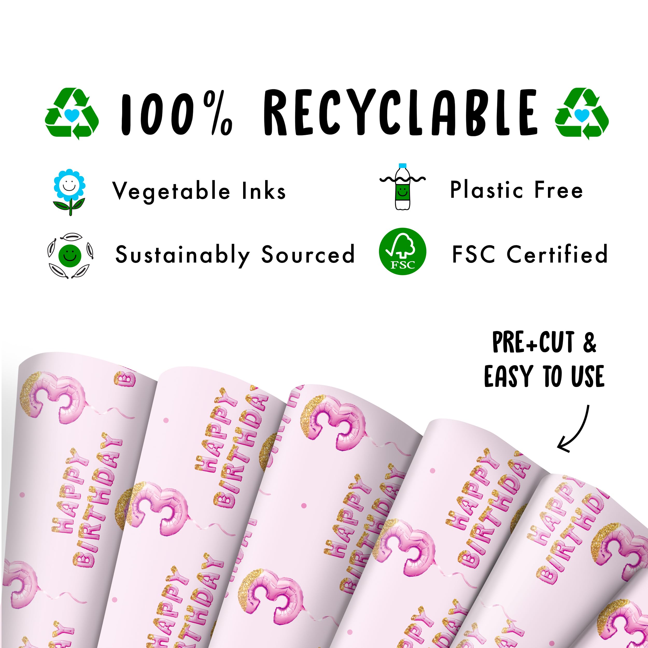 Happy 3rd Birthday Wrapping Paper for Girls - 6 Sheets Pink Recyclable Gift Wrap with Stickers | Perfect for Birthday Party Decorations, Present Wrapping & Special Occasions