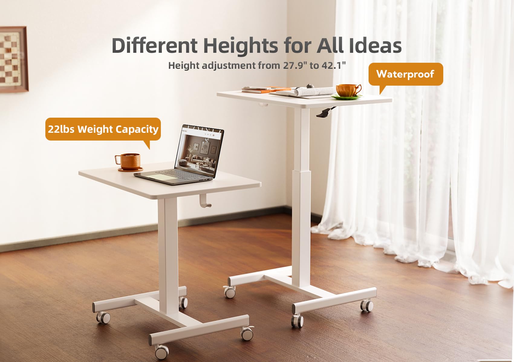 Claiks Adjustable Mobile Standing Desk - Compact Rolling Workstation with Wheels & Pneumatic Height Adjustment, White - Perfect for Home Office, Study & Small Spaces