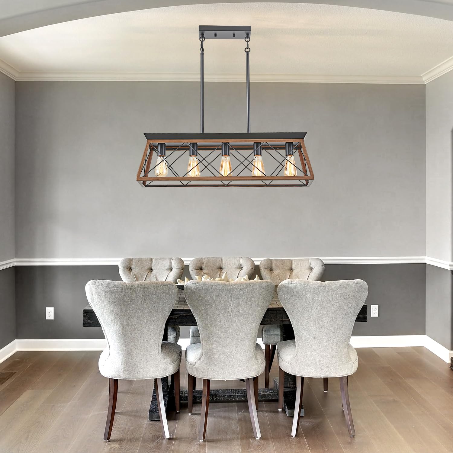 Farmhouse Kitchen Island Lighting - 5-Light Rustic Rectangular Chandelier (31.5 Inch) - Walnut Finish Dining Room Pendant Light for Kitchen, Breakfast Nook, Pool Table & Game Room Lighting