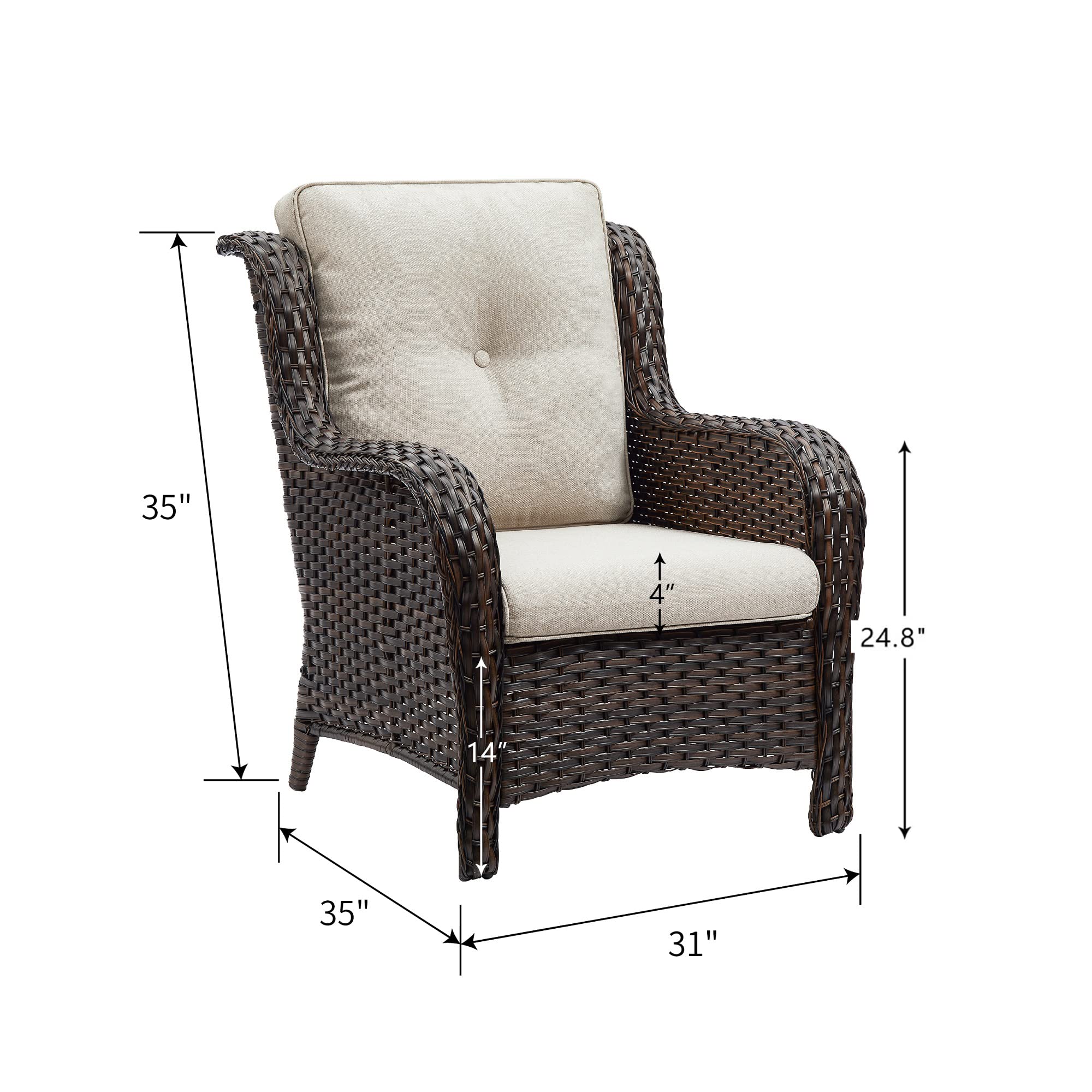HUMMUH 2-Piece Wicker Patio Dining Chairs Set - PE Rattan Deep Seating Outdoor Chairs with 4 Inch Cushions (Brown/Beige) - Perfect for Backyard, Garden, Poolside & Patio Relaxation