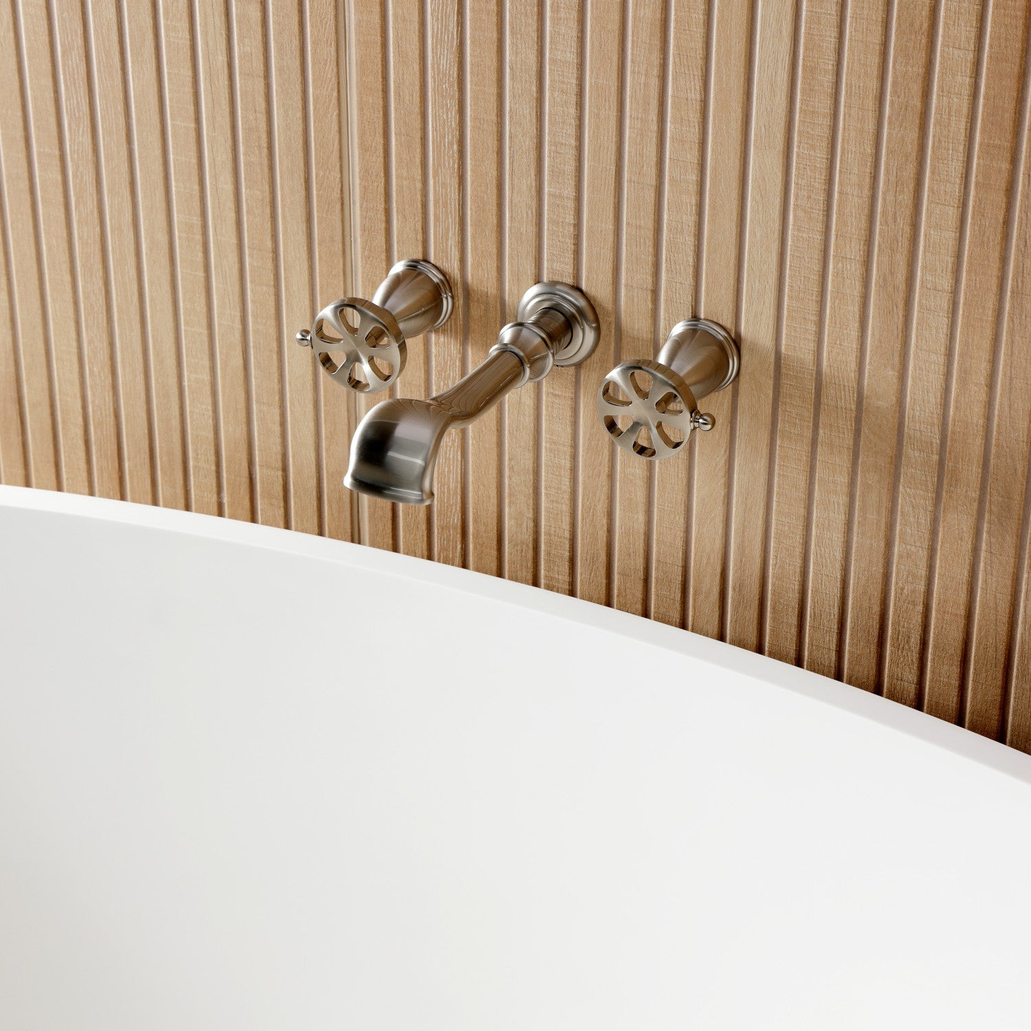 Belknap KS5028RX Brushed Nickel Roman Tub Faucet - 3 Hole Wall Mount Two Handle Bathroom Fixture for Spa, Luxury Bath & Master Suite Installation