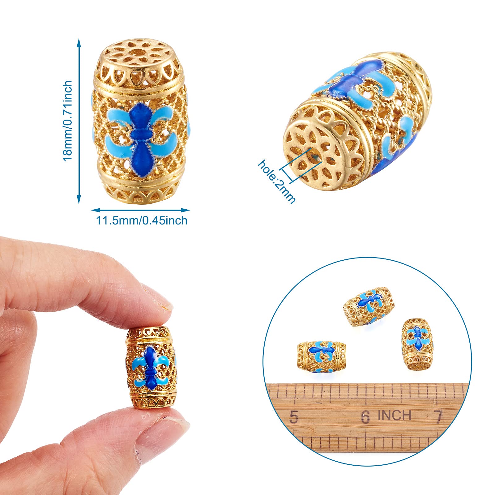 10Pcs 18x11.5mm Barrel Brass Enamel Beads - Blue Metal Flower Spacer Beads with Gold Plating for DIY Jewelry Making, Bracelets & Necklaces - Perfect for Boho, Handmade & Fashion Accessories