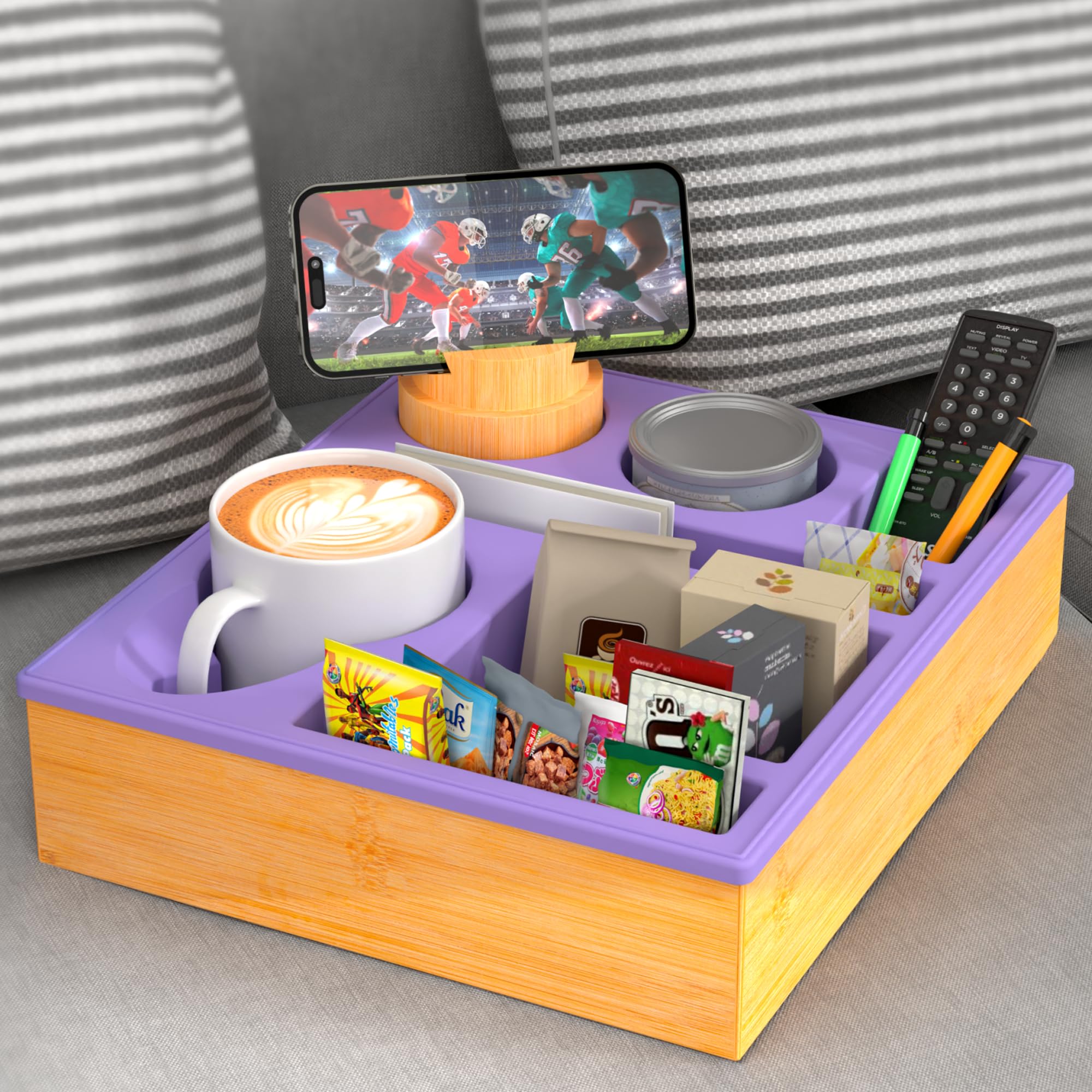 **Silicone Couch Cup Holder Tray - Sofa & Bed Drink Holder, Couch Organizer Caddy with Snack Tray & Remote Storage, Perfect for Living Room, Beach, and Movie Nights (Purple)**