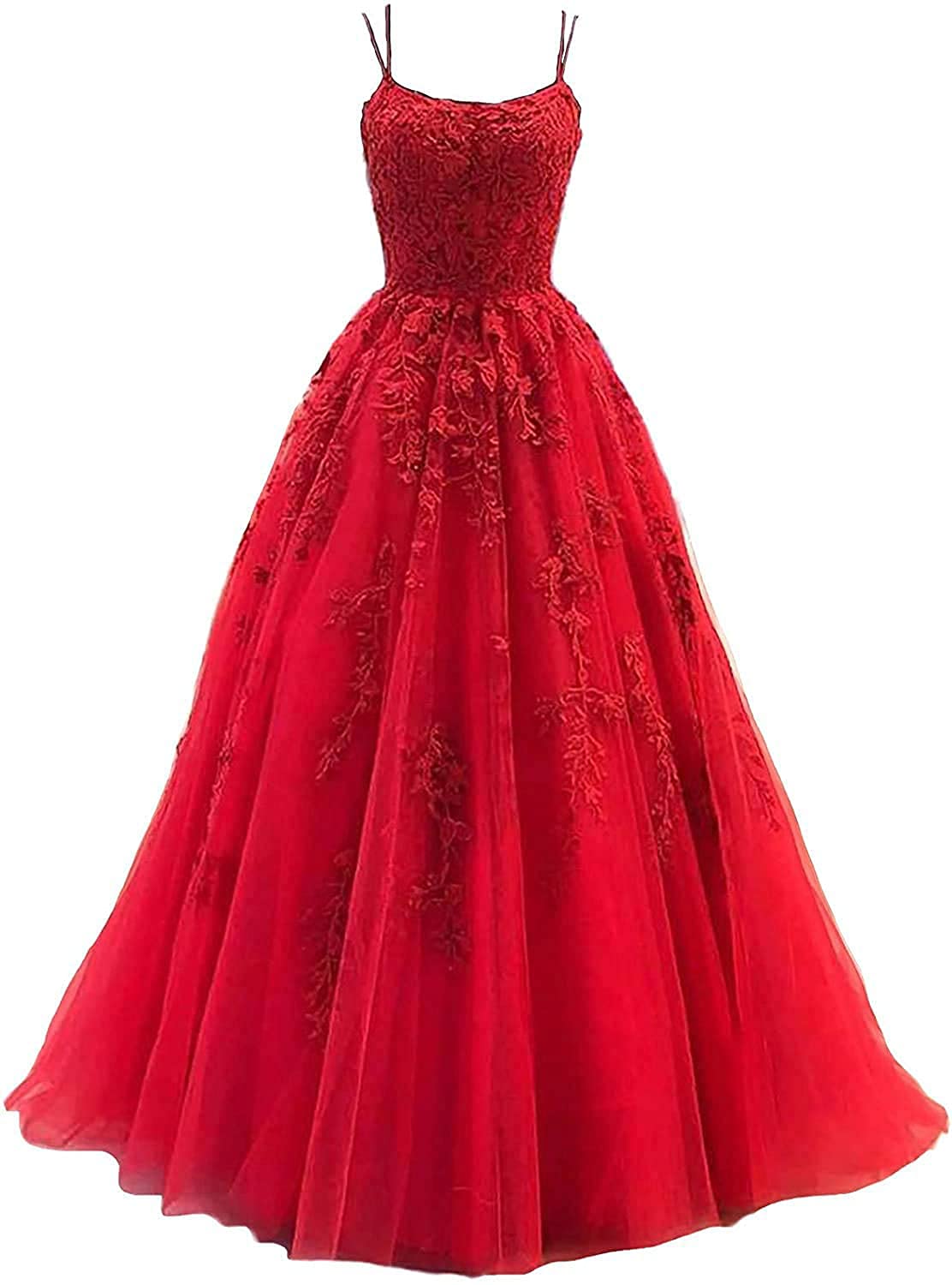 Elegant Women's Lace Applique Prom Dress with Long Spaghetti Straps - Ball Gown Tulle Formal Evening Party Gown for Homecoming, Wedding, Quinceañera & Special Occasions