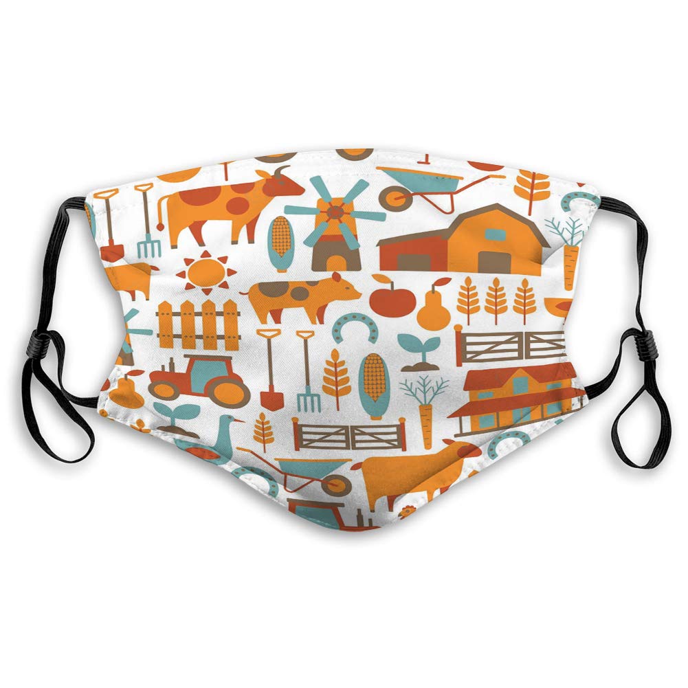 Adjustable Earloop Face Mask - One Size Farm Pattern Design - Unisex Fashion Accessory for Everyday Wear, Outdoor Activities, and Themed Events