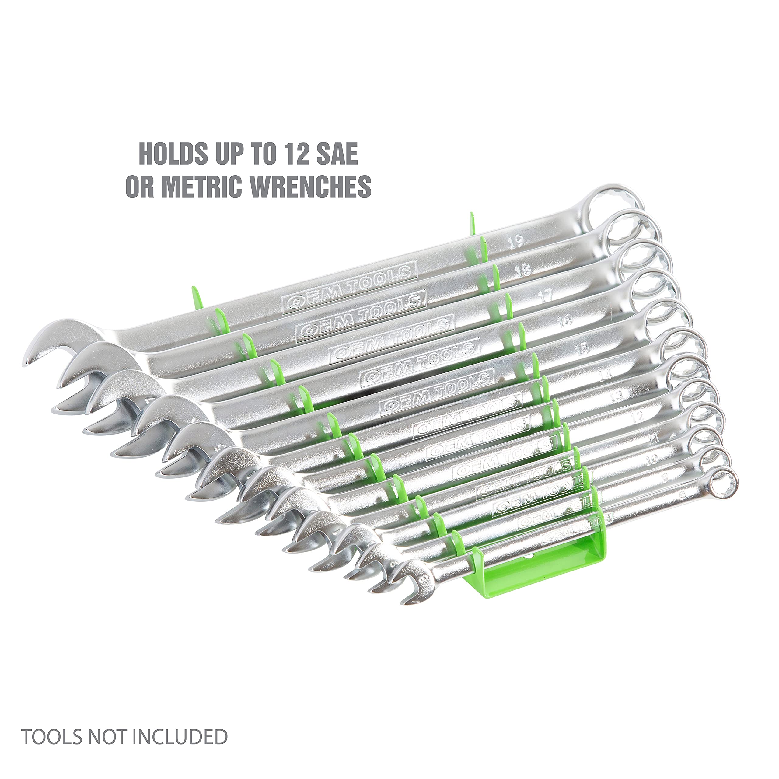 OEMTOOLS 22177 Professional Magnetic Wrench Organizer - 12 Slot SAE & Metric Tool Storage Rail for Toolboxes & Metal Surfaces (Green) - Perfect for Garage Organization & Mechanic Workshop Tool Storage